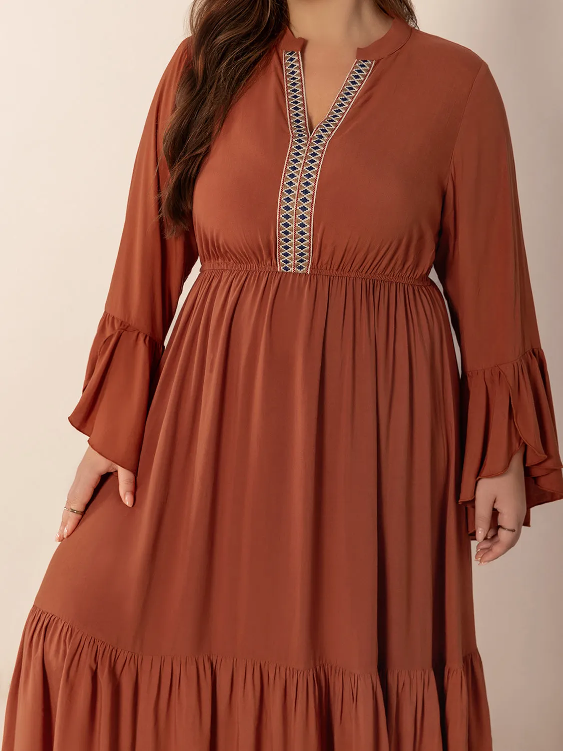 Plus Size Ruffled Notched Long Sleeve Dress