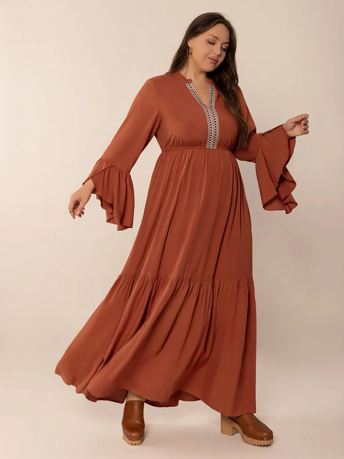 Plus Size Ruffled Notched Long Sleeve Dress