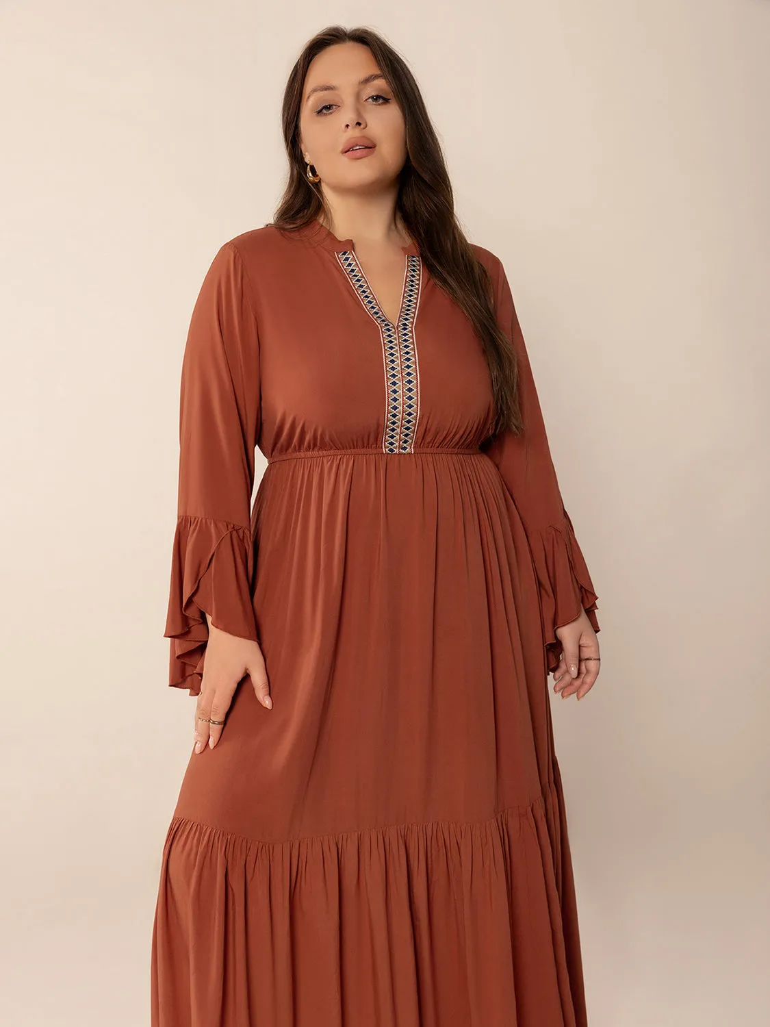 Plus Size Ruffled Notched Long Sleeve Dress