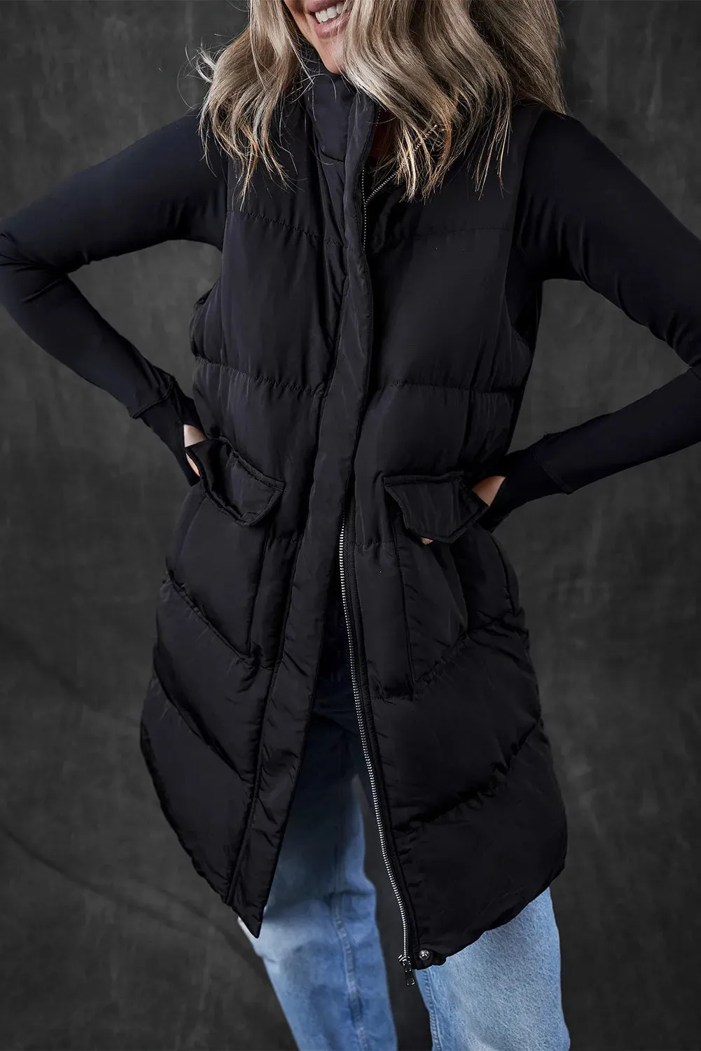 Pocketed Zip Up Vest Coat - 2 Colors