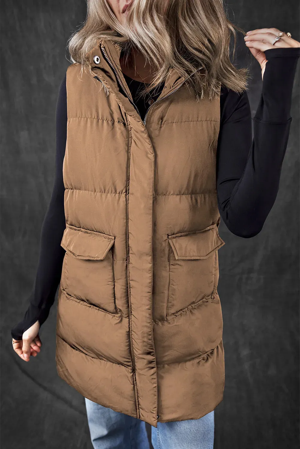 Pocketed Zip Up Vest Coat - 2 Colors