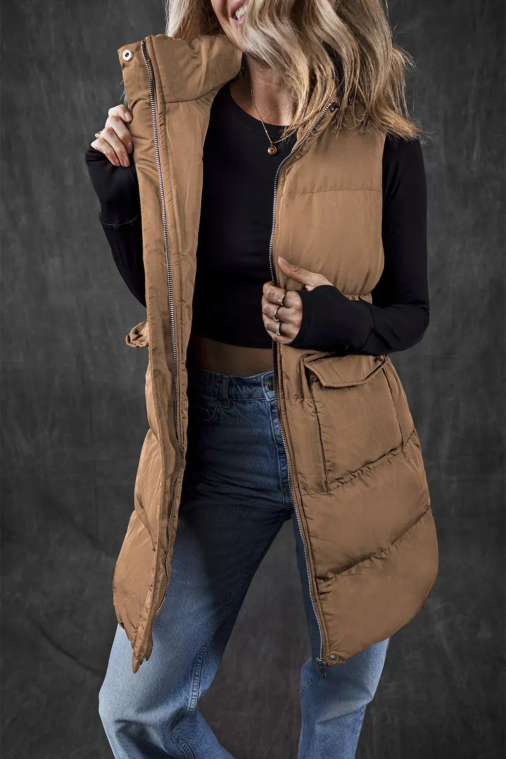 Pocketed Zip Up Vest Coat - 2 Colors