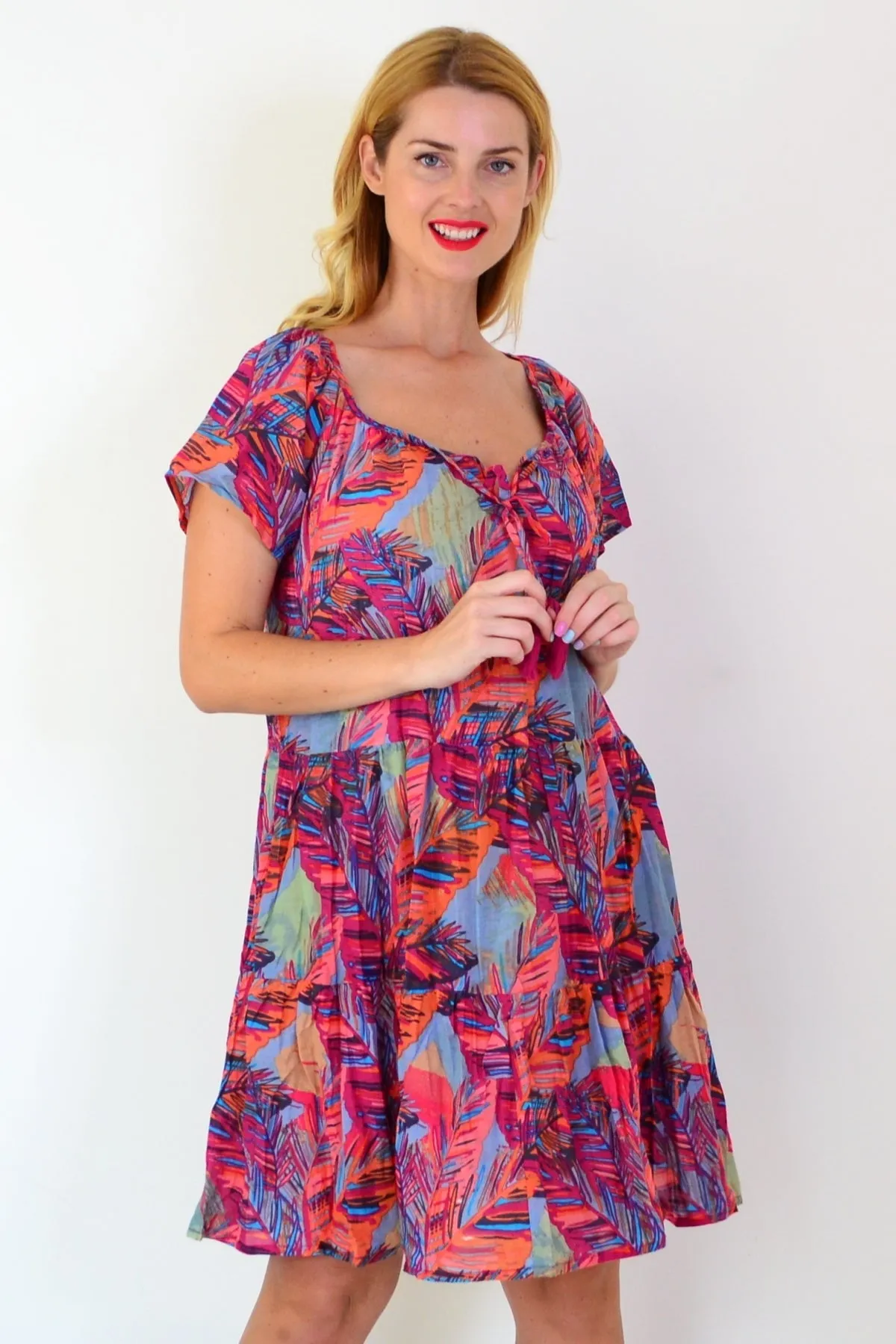 Poppy Palm Leaves Cap Sleeve Dress