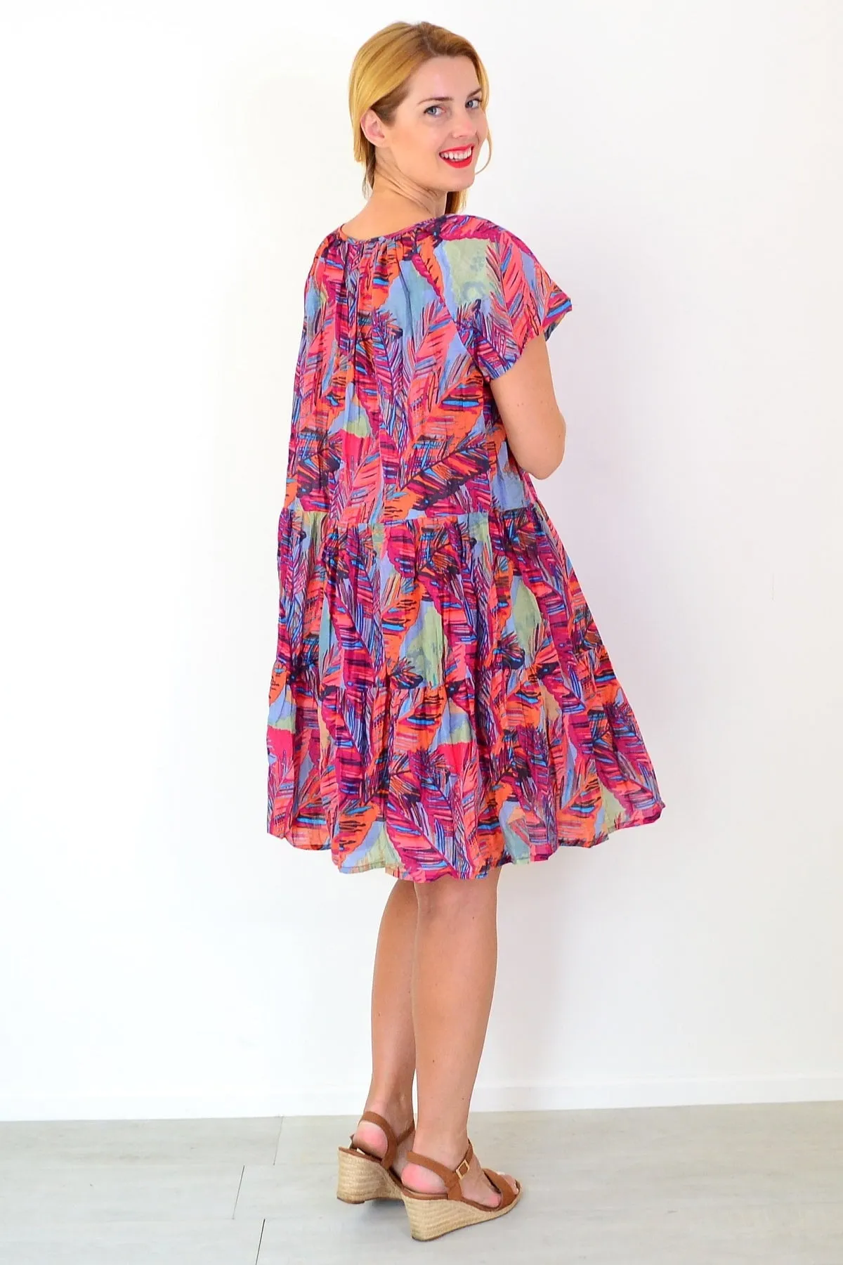 Poppy Palm Leaves Cap Sleeve Dress