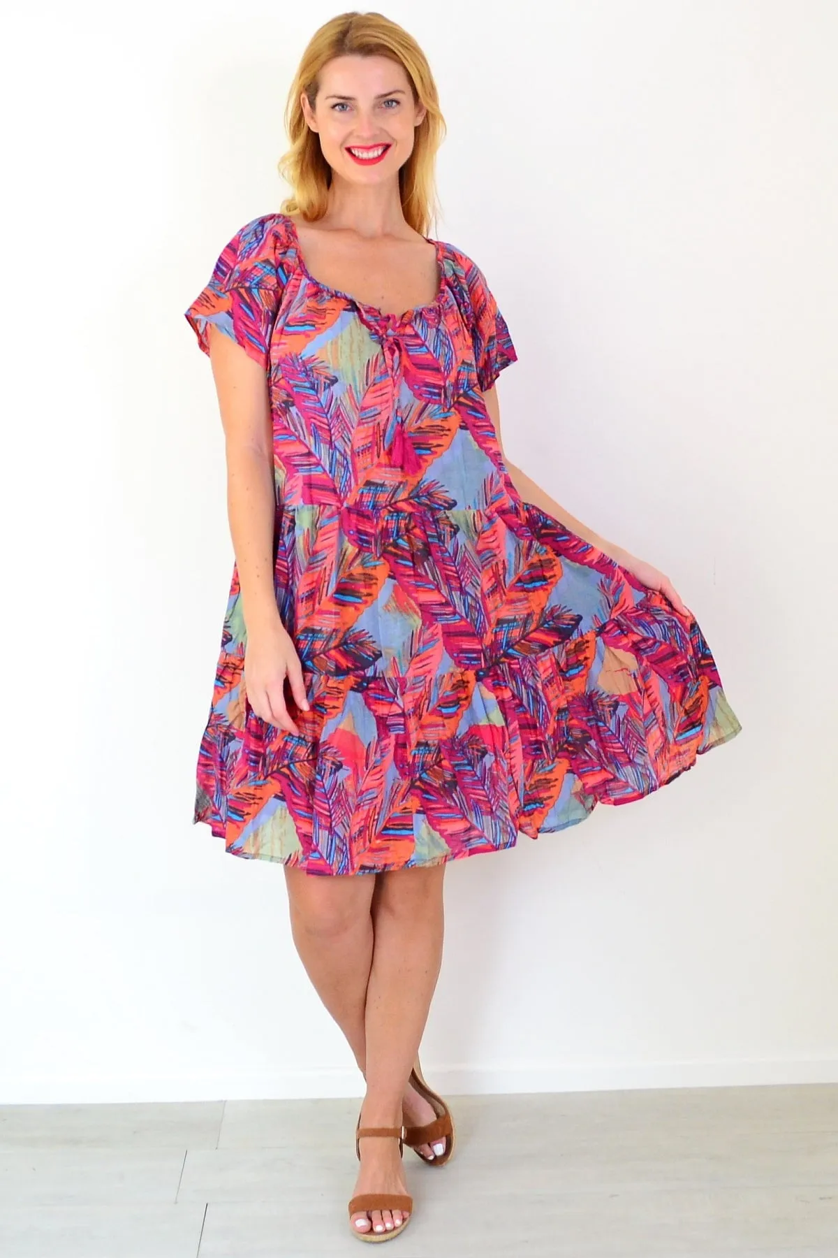 Poppy Palm Leaves Cap Sleeve Dress