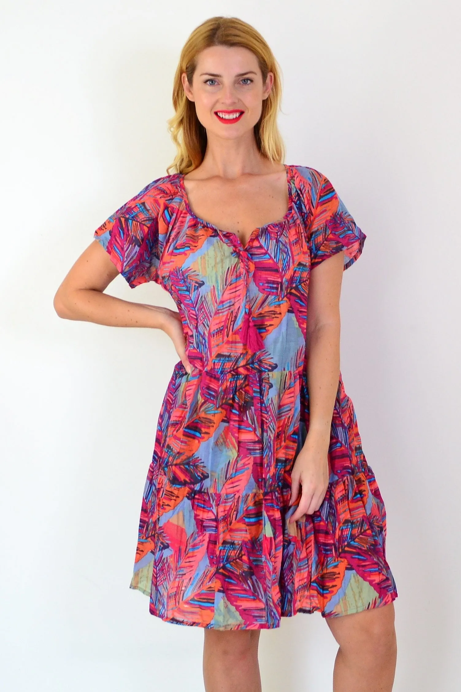 Poppy Palm Leaves Cap Sleeve Dress