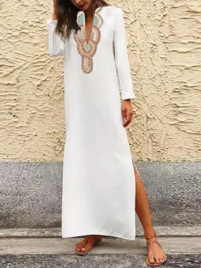 Printed Long-Sleeved Split Dress