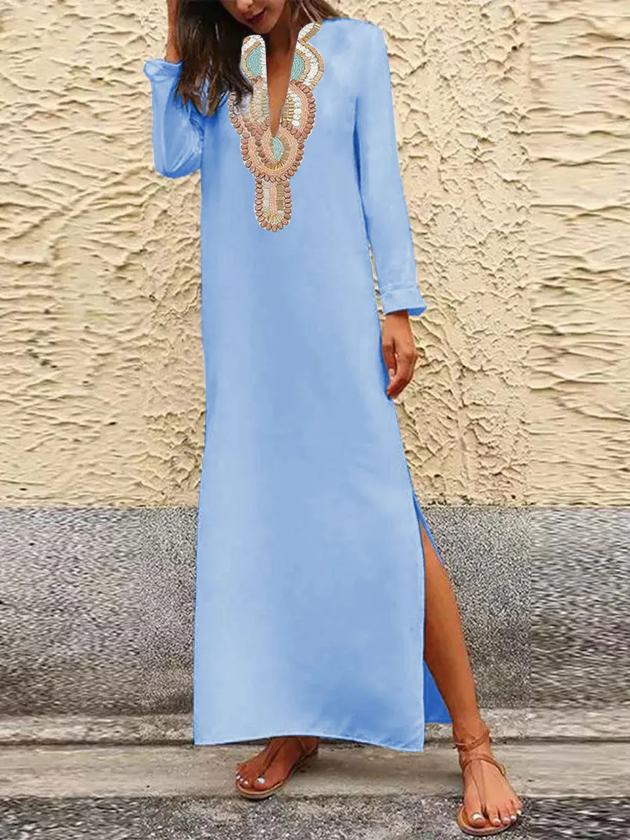 Printed Long-Sleeved Split Dress