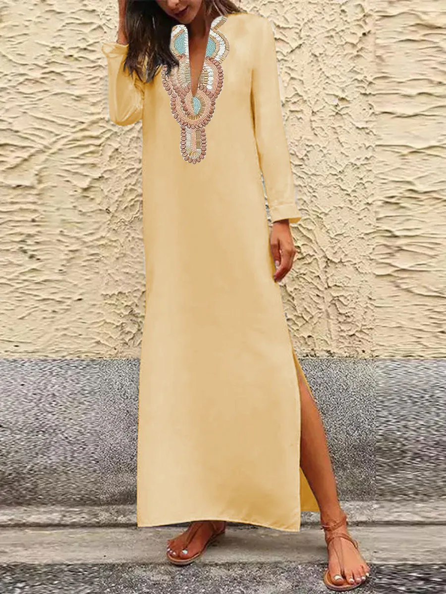 Printed Long-Sleeved Split Dress