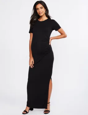 Printed Side Ruched Maxi Maternity Dress in Black