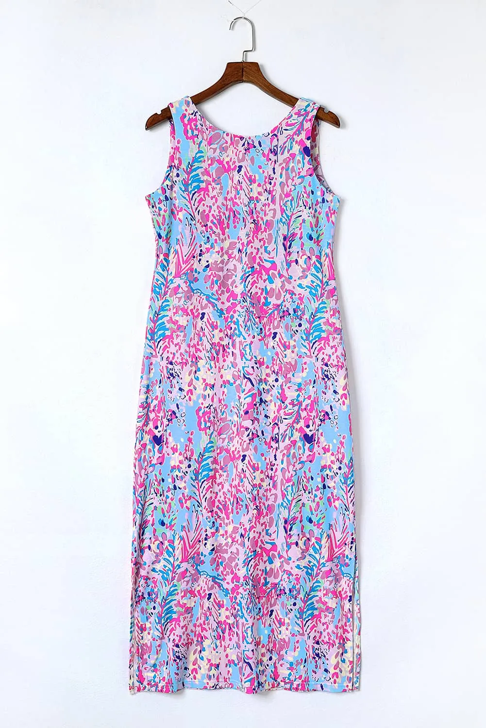 Purple Abstract Floral Print Sleeveless Maxi Dress