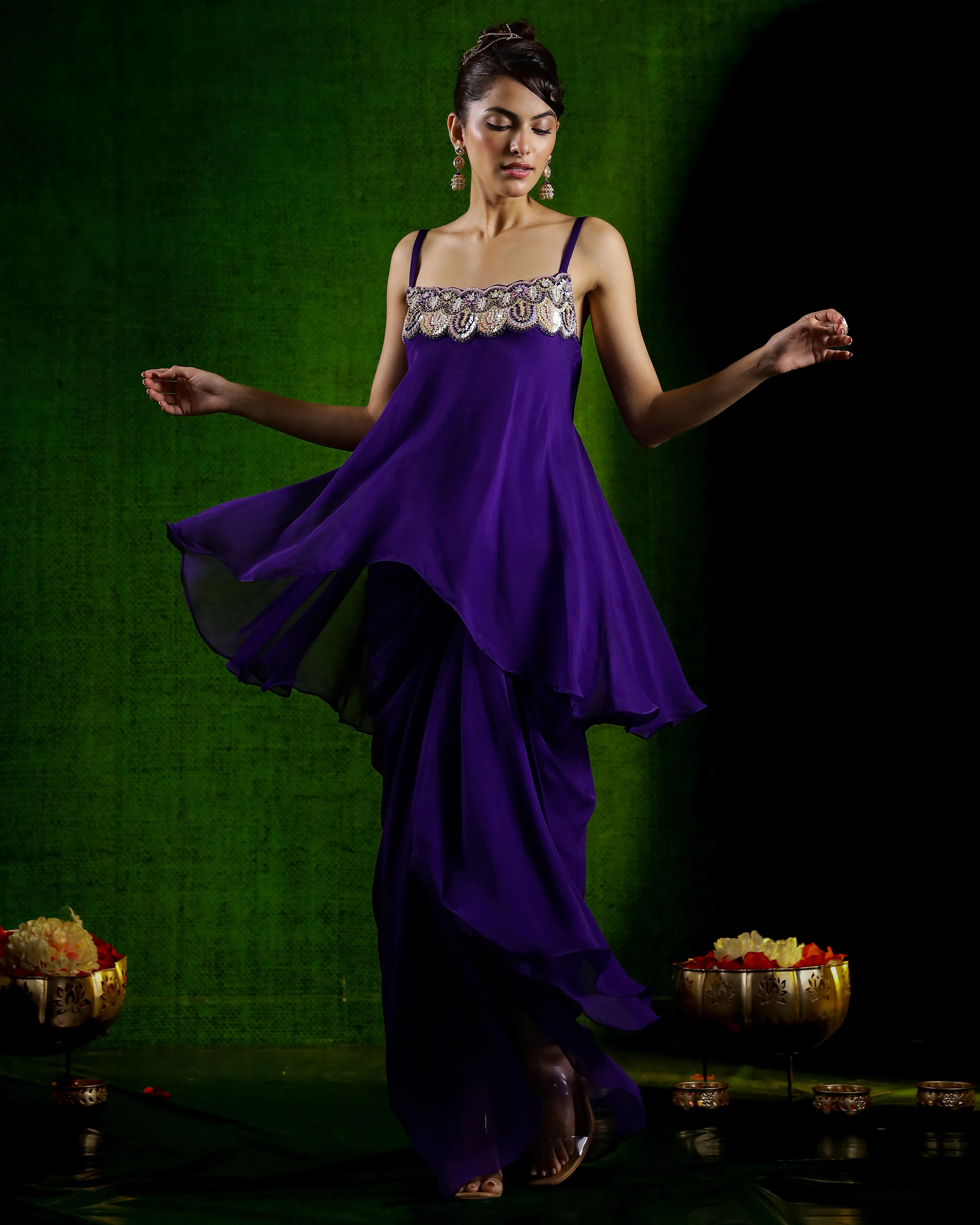 Purple Embellished Organza Silk Skirt Set