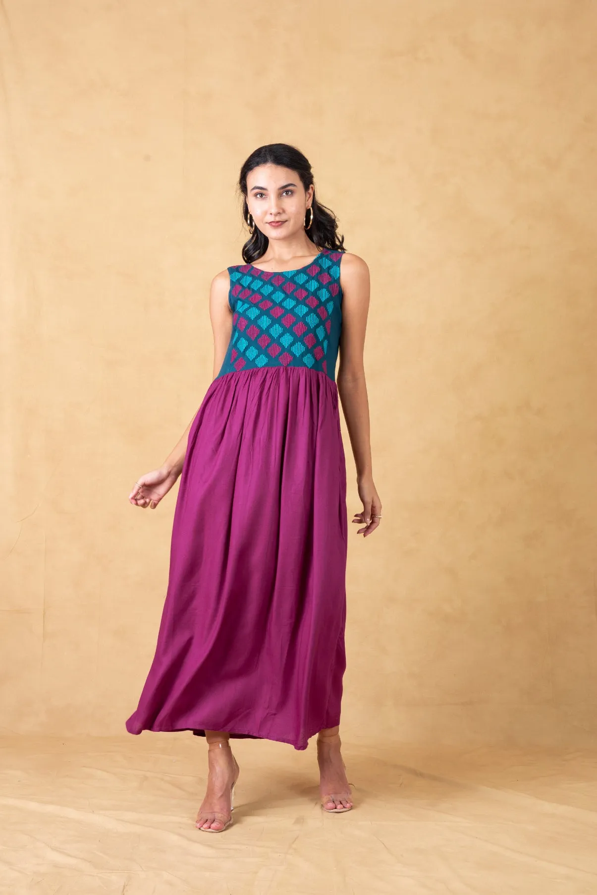 Purple Embroidered Yoke Maxi Dress