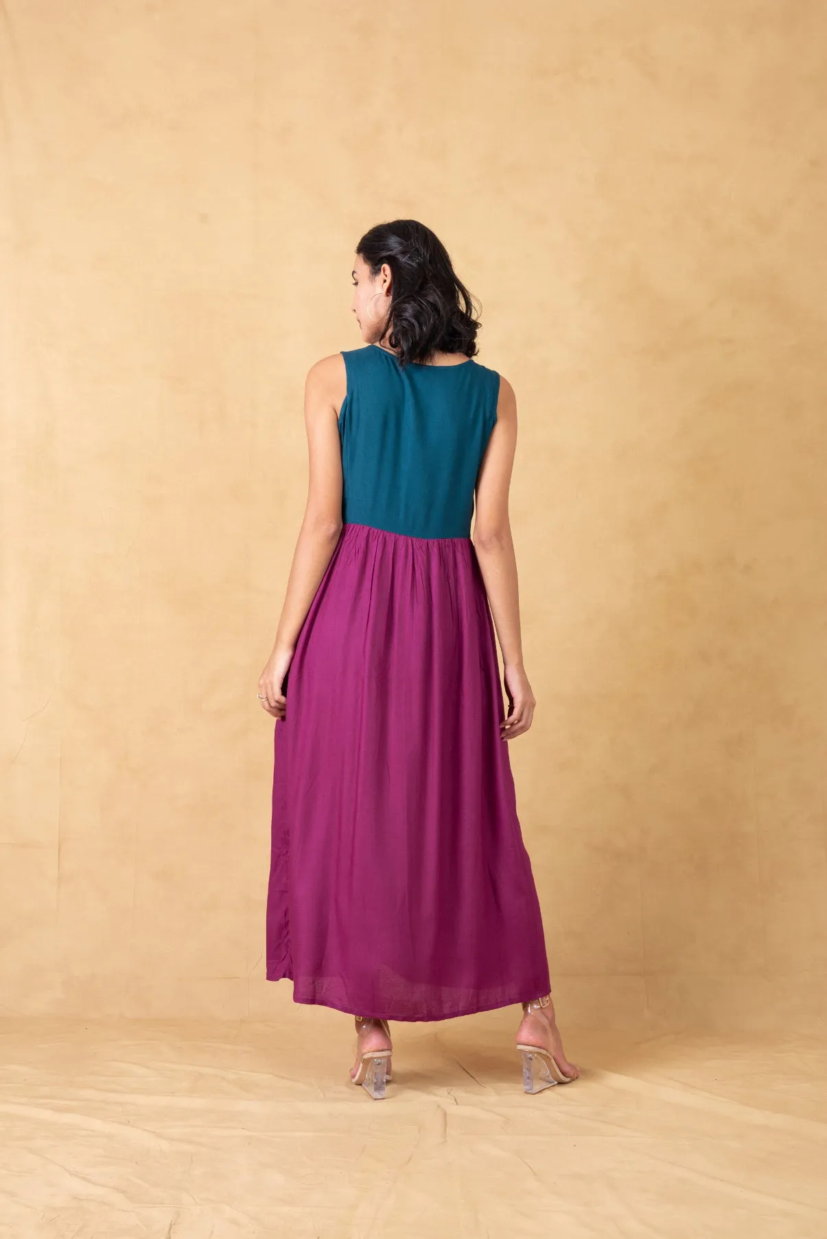 Purple Embroidered Yoke Maxi Dress