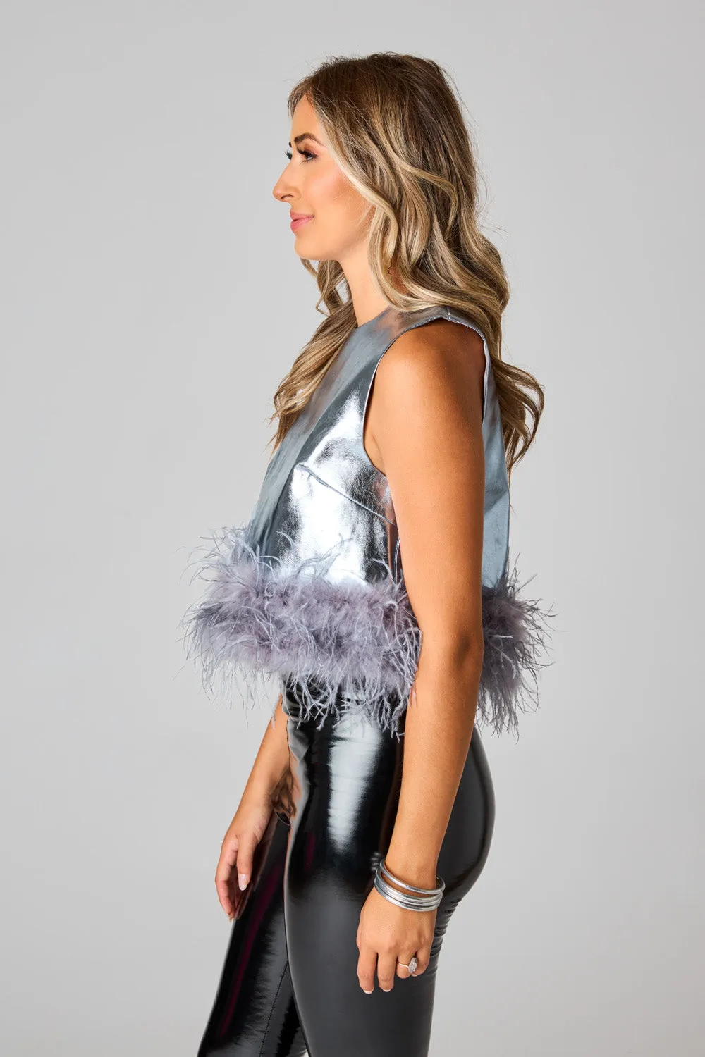 Queenie Metallic Feather Trim Top - Silver