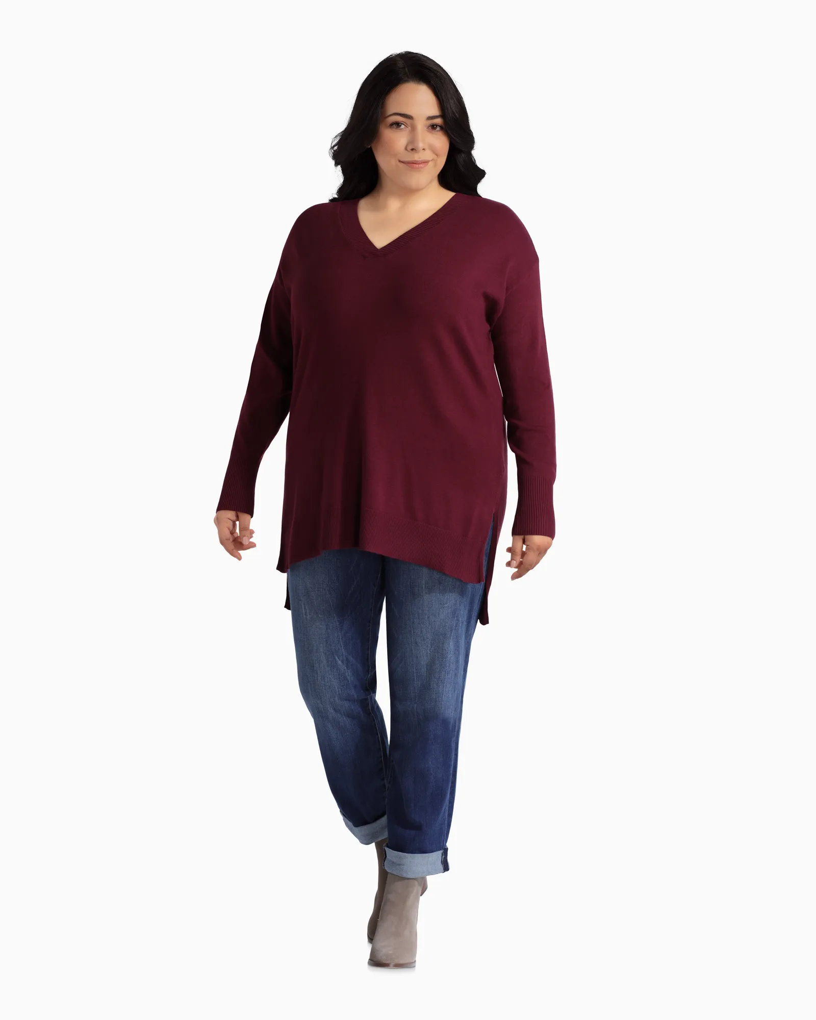 Rosie V-Neck Tunic Sweater | Burgundy