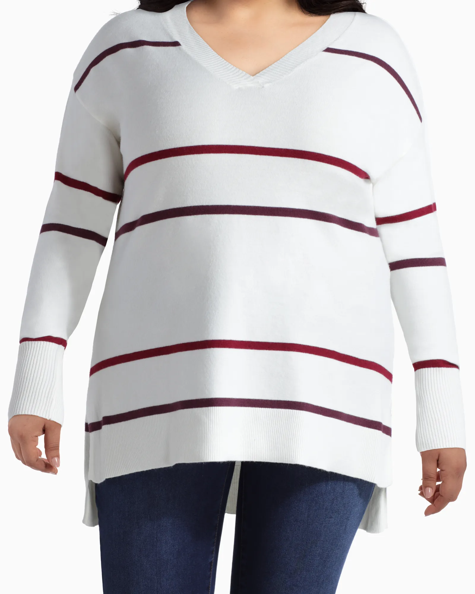 Rosie V-Neck Tunic Sweater | Ivory / Red