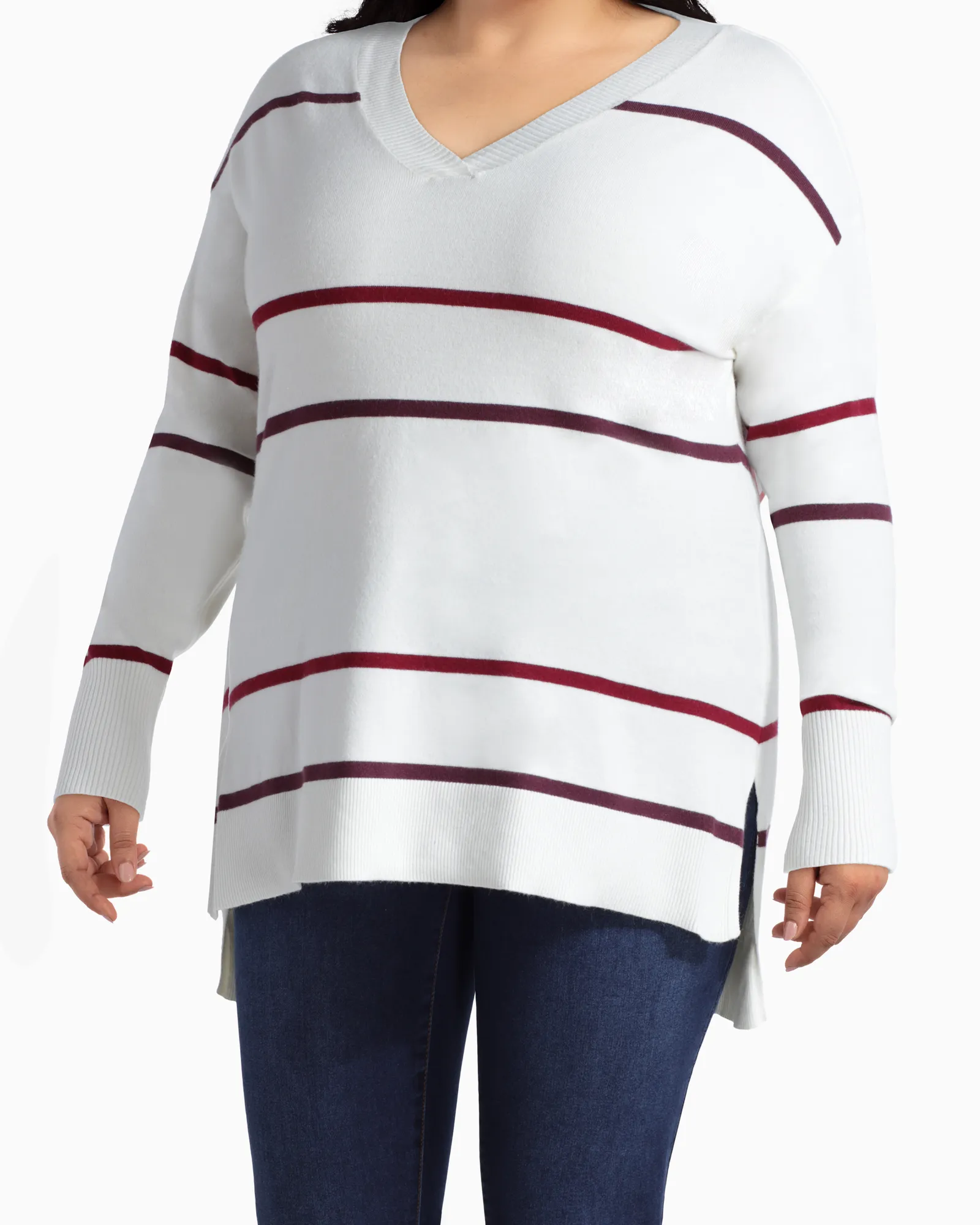 Rosie V-Neck Tunic Sweater | Ivory / Red