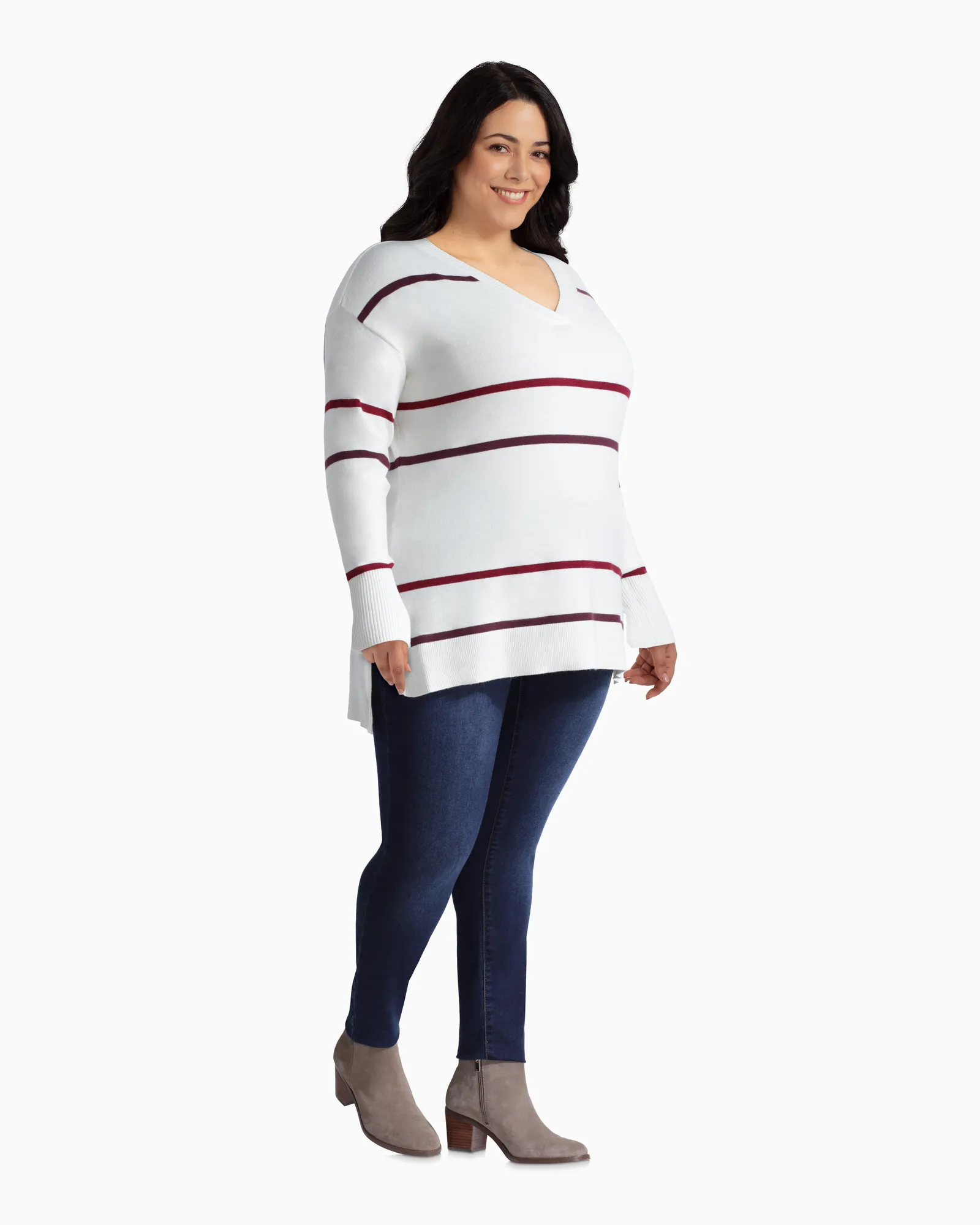 Rosie V-Neck Tunic Sweater | Ivory / Red