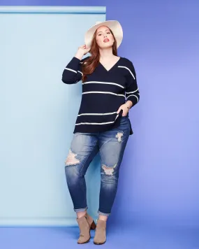 Rosie V-Neck Tunic Sweater | Navy / White