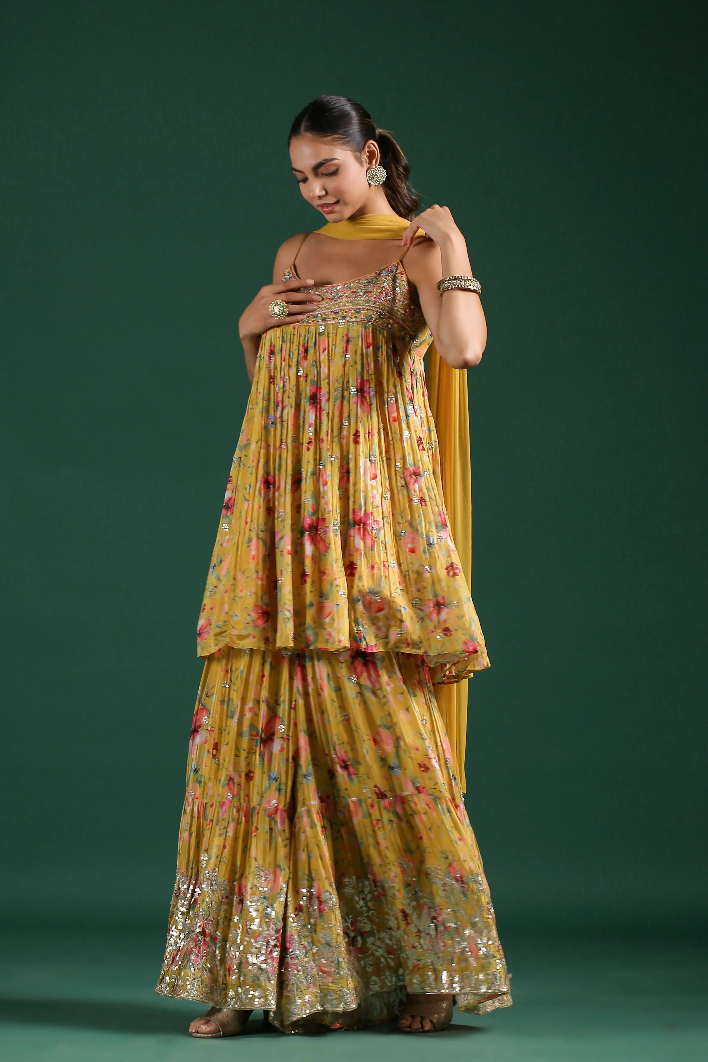 Royal Yellow Floral Printed Sharara Set