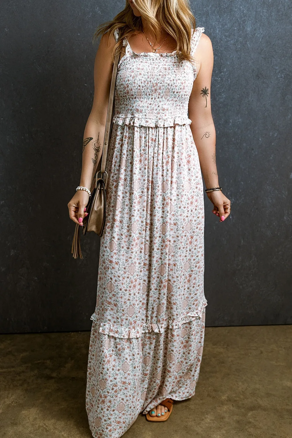 Ruffled Smocked Printed Sleeveless Maxi Dress