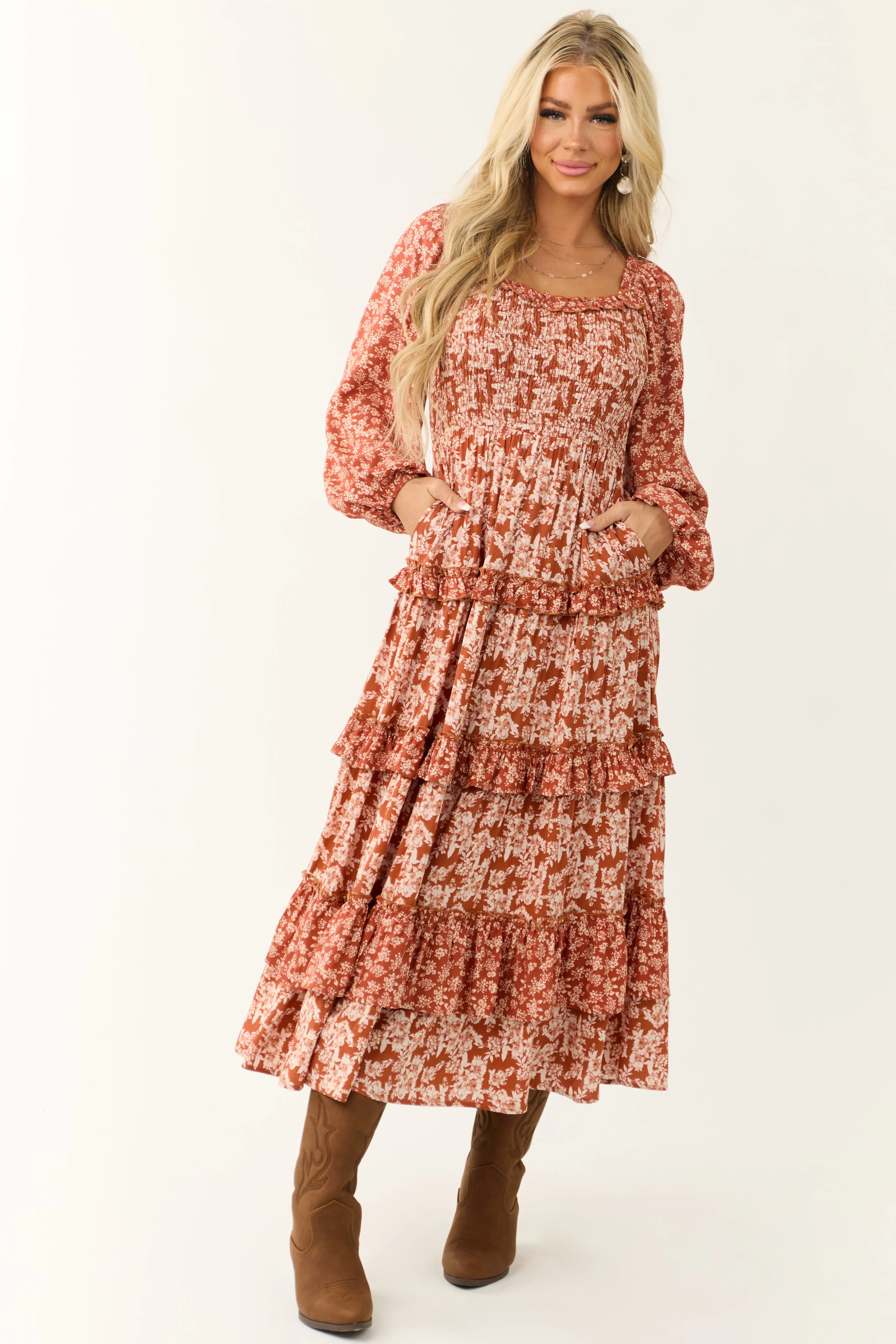 Rust Floral Print Tiered Ruffle Maxi Dress