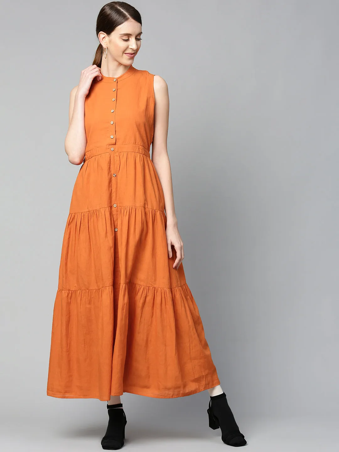 Rust Sleeveless Tiered Maxi Dress