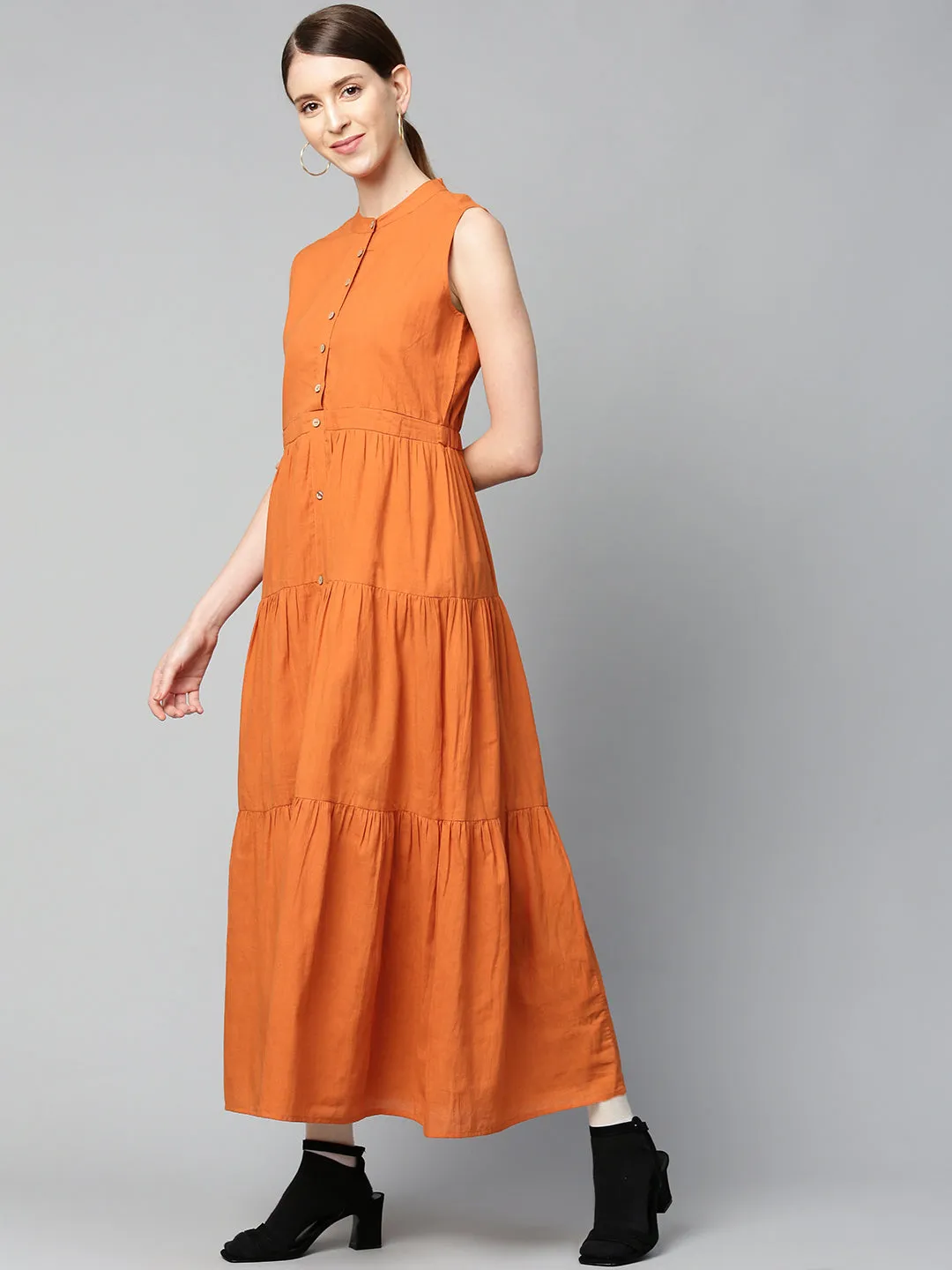 Rust Sleeveless Tiered Maxi Dress