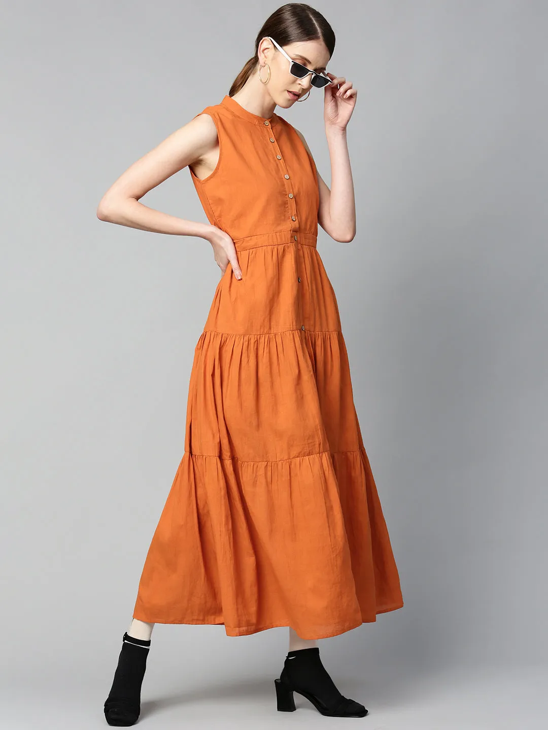 Rust Sleeveless Tiered Maxi Dress