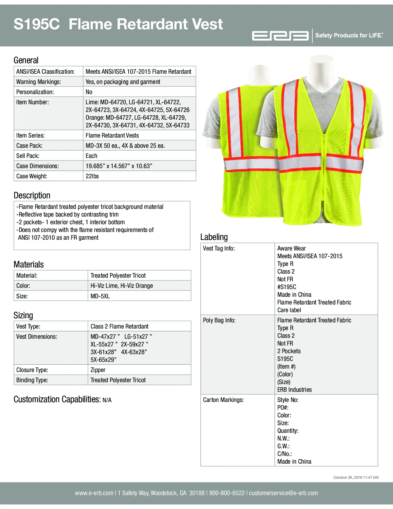 S195C Class 2 Flame Retardant Treated Safety Vest 1PC