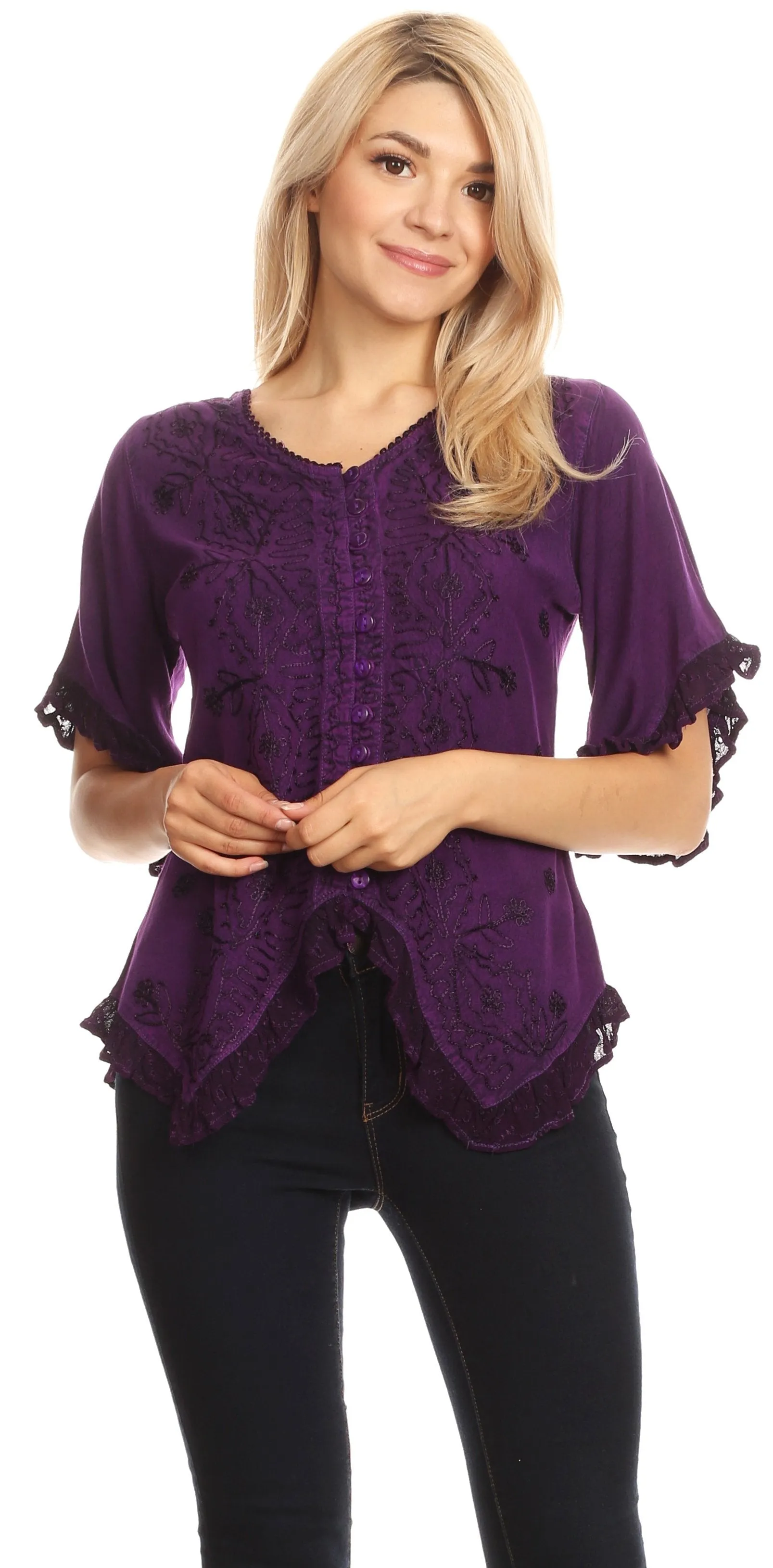 Sakkas Adela Womens 3/4 Sleeve V neck Lace and Embroidery Top Blouse with Ties