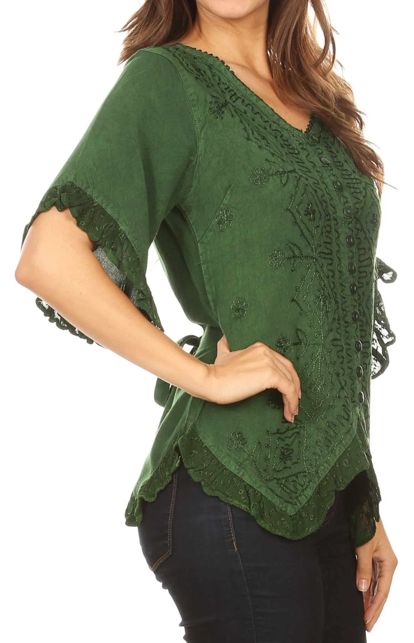 Sakkas Adela Womens 3/4 Sleeve V neck Lace and Embroidery Top Blouse with Ties