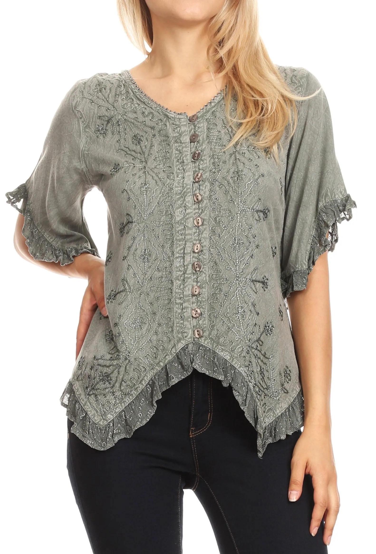 Sakkas Adela Womens 3/4 Sleeve V neck Lace and Embroidery Top Blouse with Ties