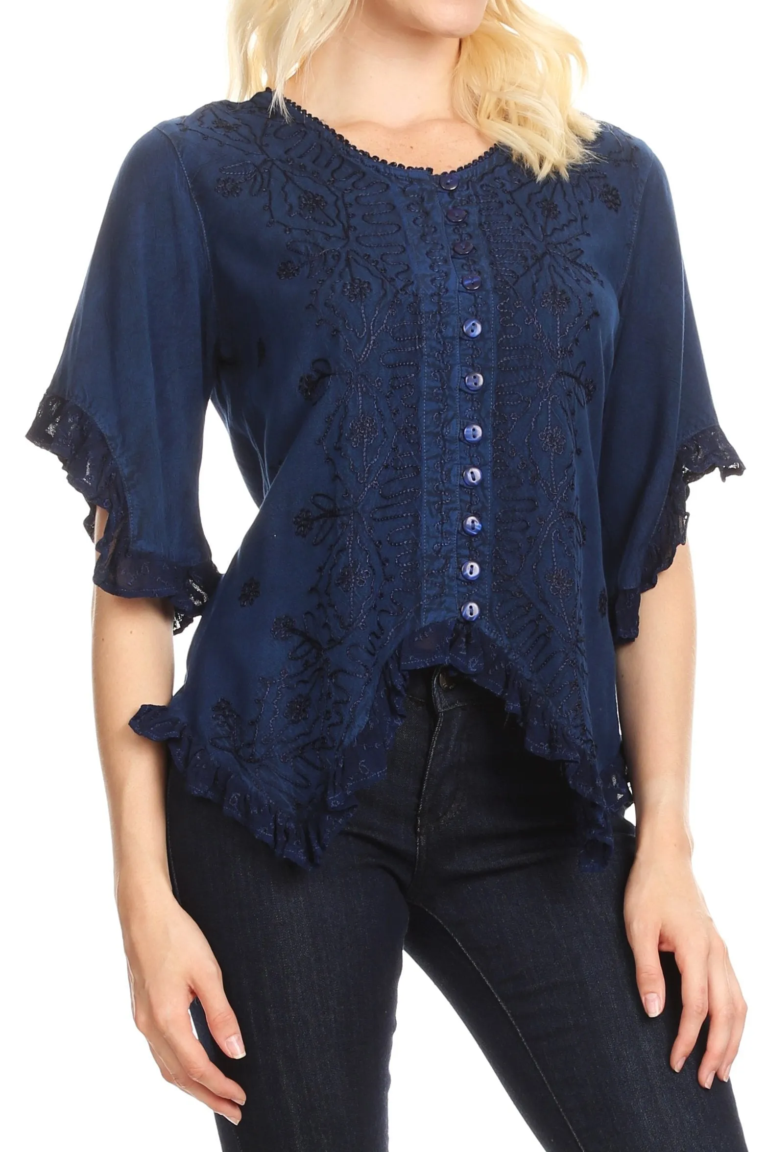 Sakkas Adela Womens 3/4 Sleeve V neck Lace and Embroidery Top Blouse with Ties