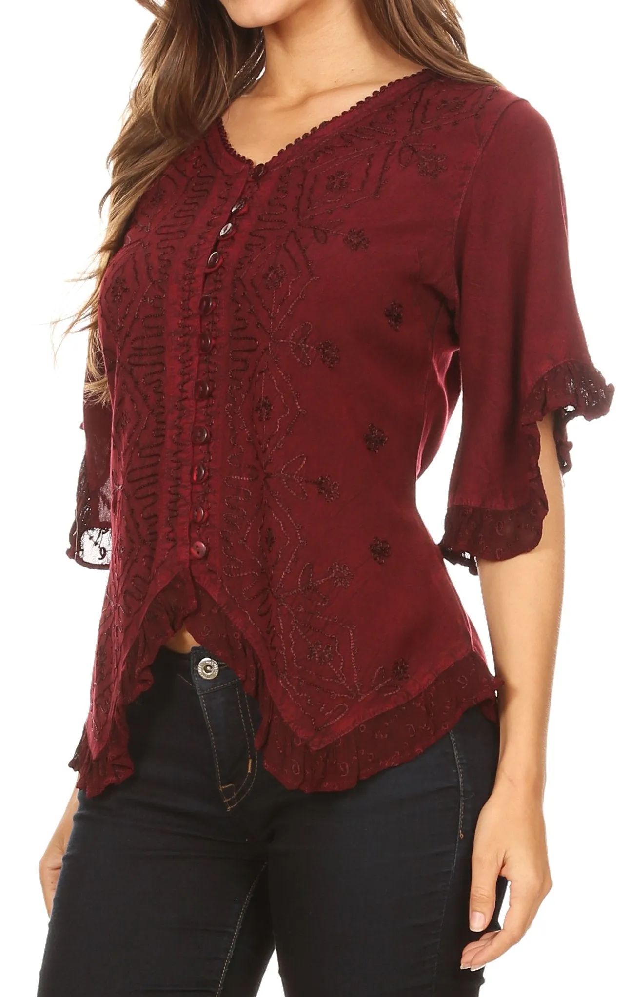 Sakkas Adela Womens 3/4 Sleeve V neck Lace and Embroidery Top Blouse with Ties