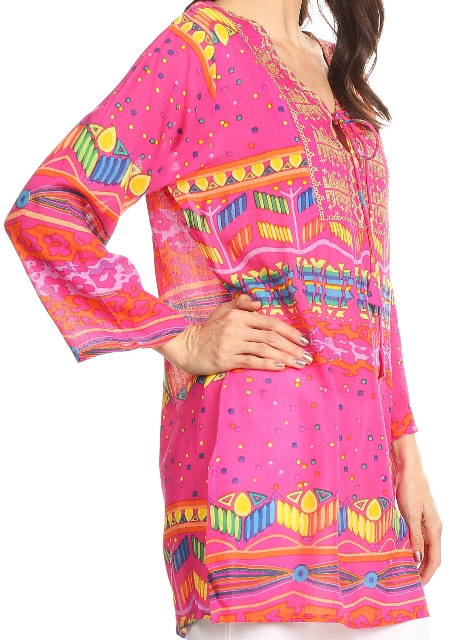 Sakkas Carina Tie Front 3/4 Sleeve Tunic with Cross Stitch Embroidery