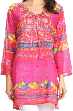 Sakkas Carina Tie Front 3/4 Sleeve Tunic with Cross Stitch Embroidery