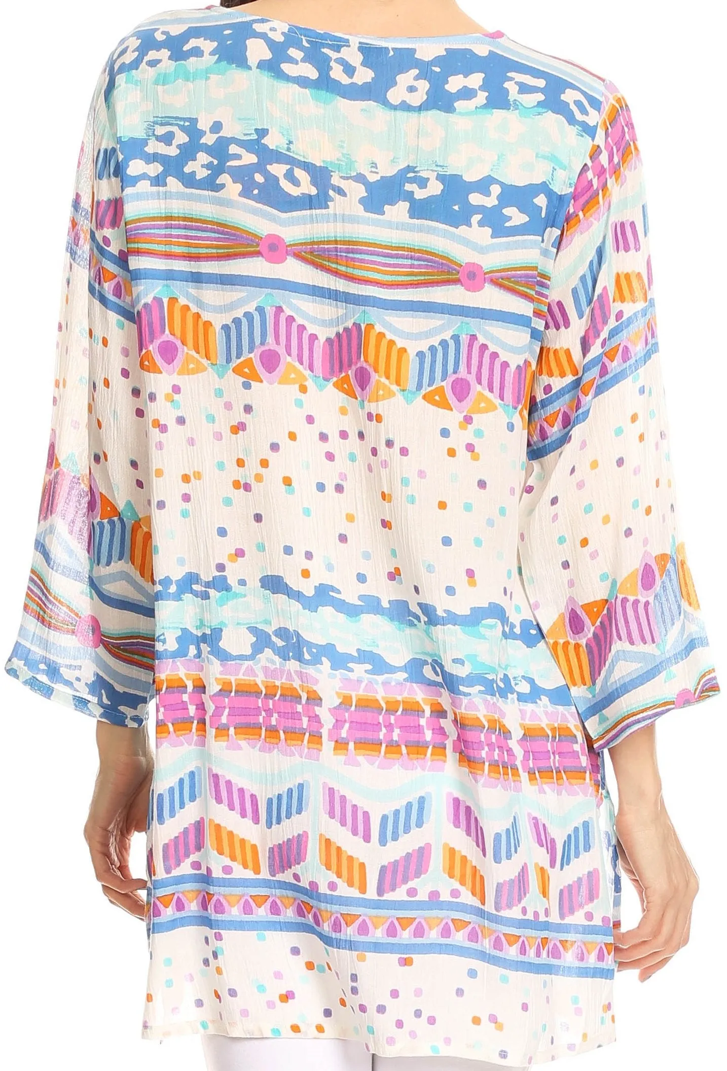 Sakkas Carina Tie Front 3/4 Sleeve Tunic with Cross Stitch Embroidery