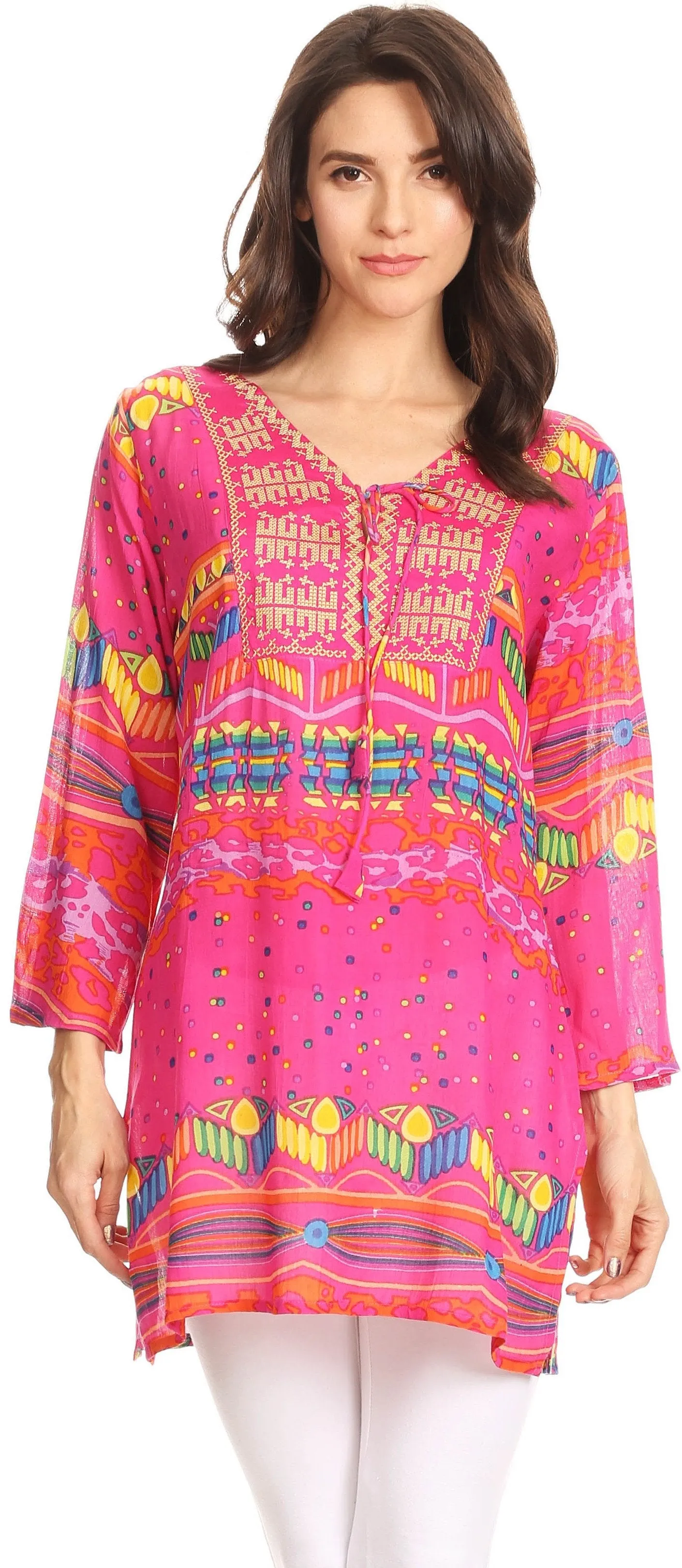 Sakkas Carina Tie Front 3/4 Sleeve Tunic with Cross Stitch Embroidery