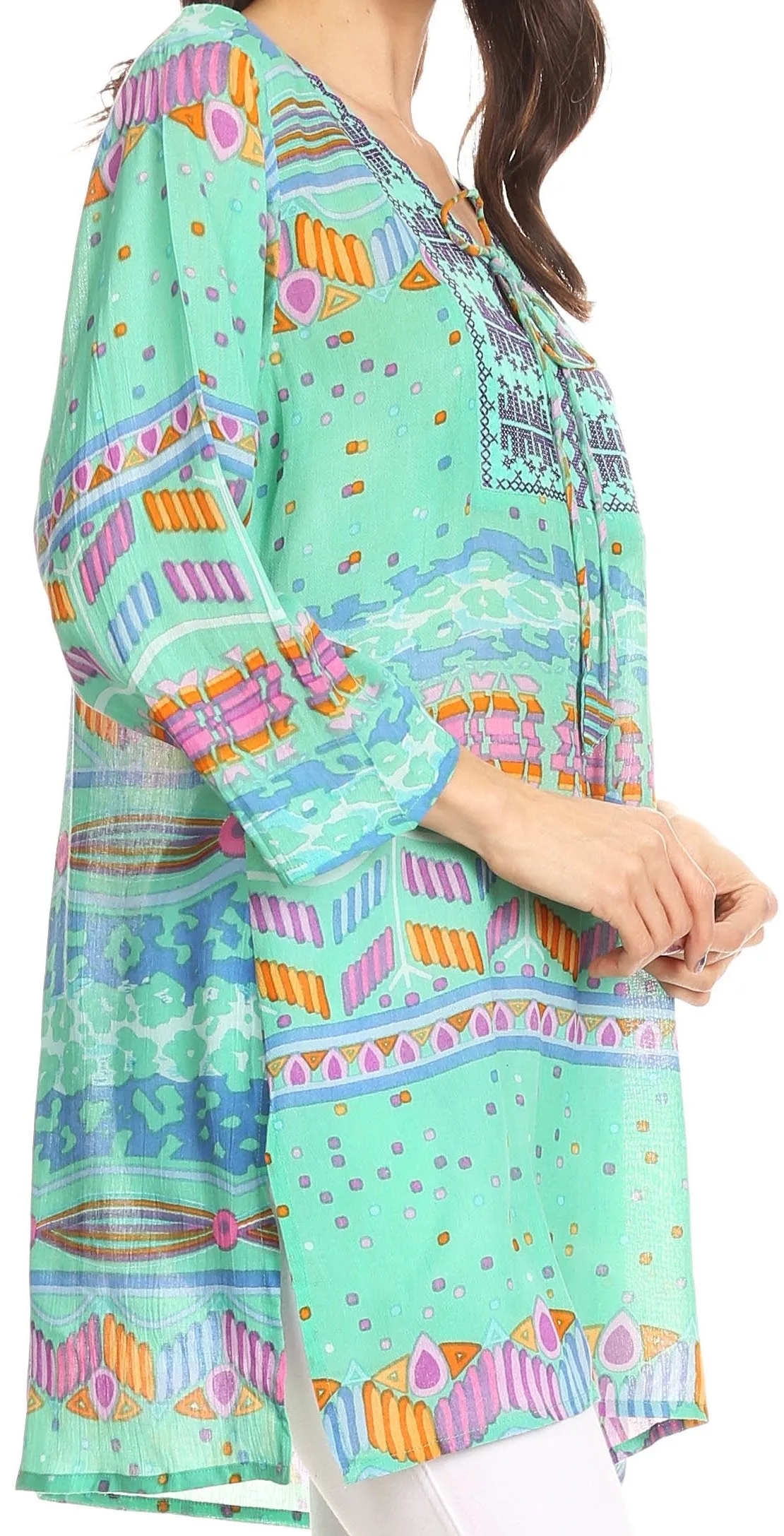 Sakkas Carina Tie Front 3/4 Sleeve Tunic with Cross Stitch Embroidery