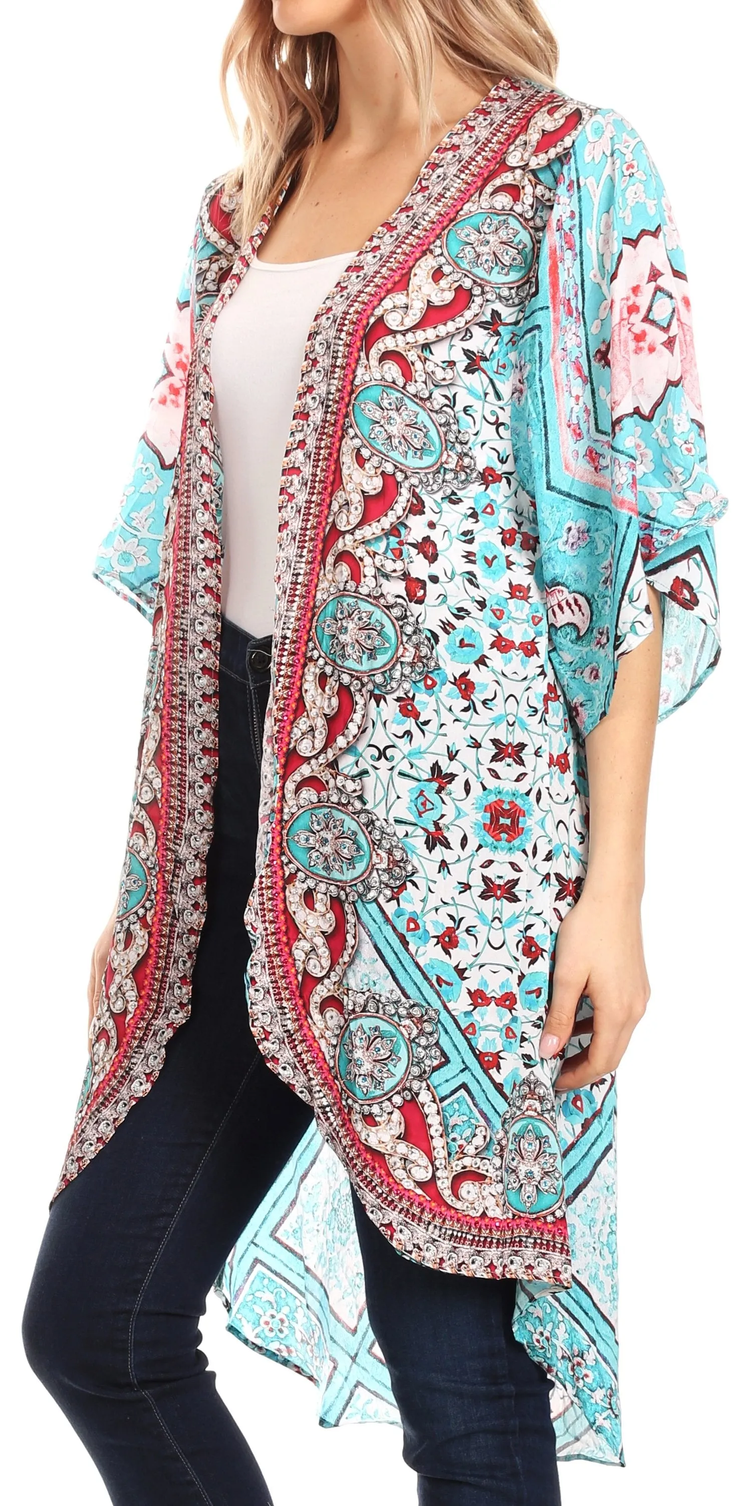 Sakkas Denora Women's Casual Draped Kimono Short Sleeve Boho Open Front Cardigan