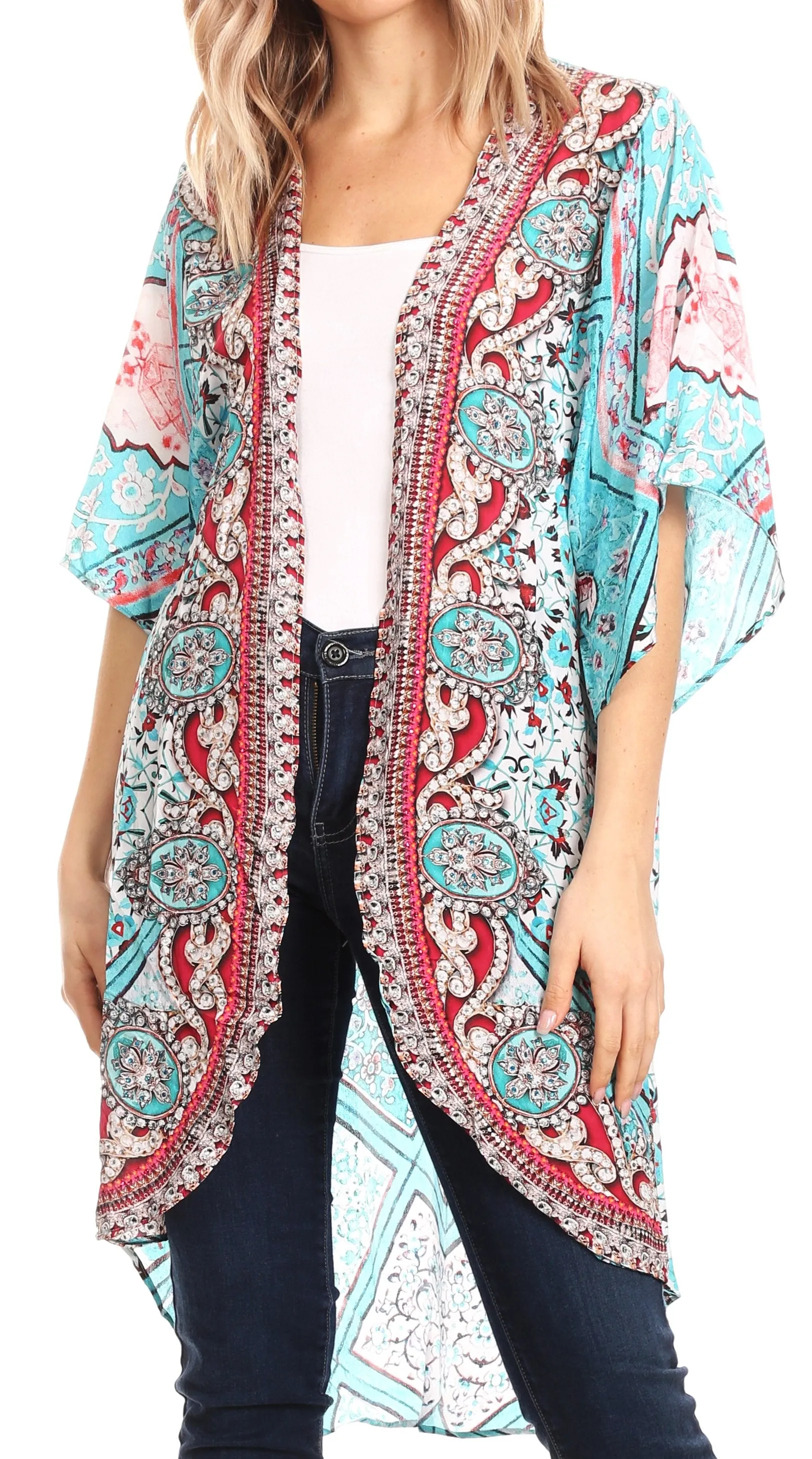 Sakkas Denora Women's Casual Draped Kimono Short Sleeve Boho Open Front Cardigan