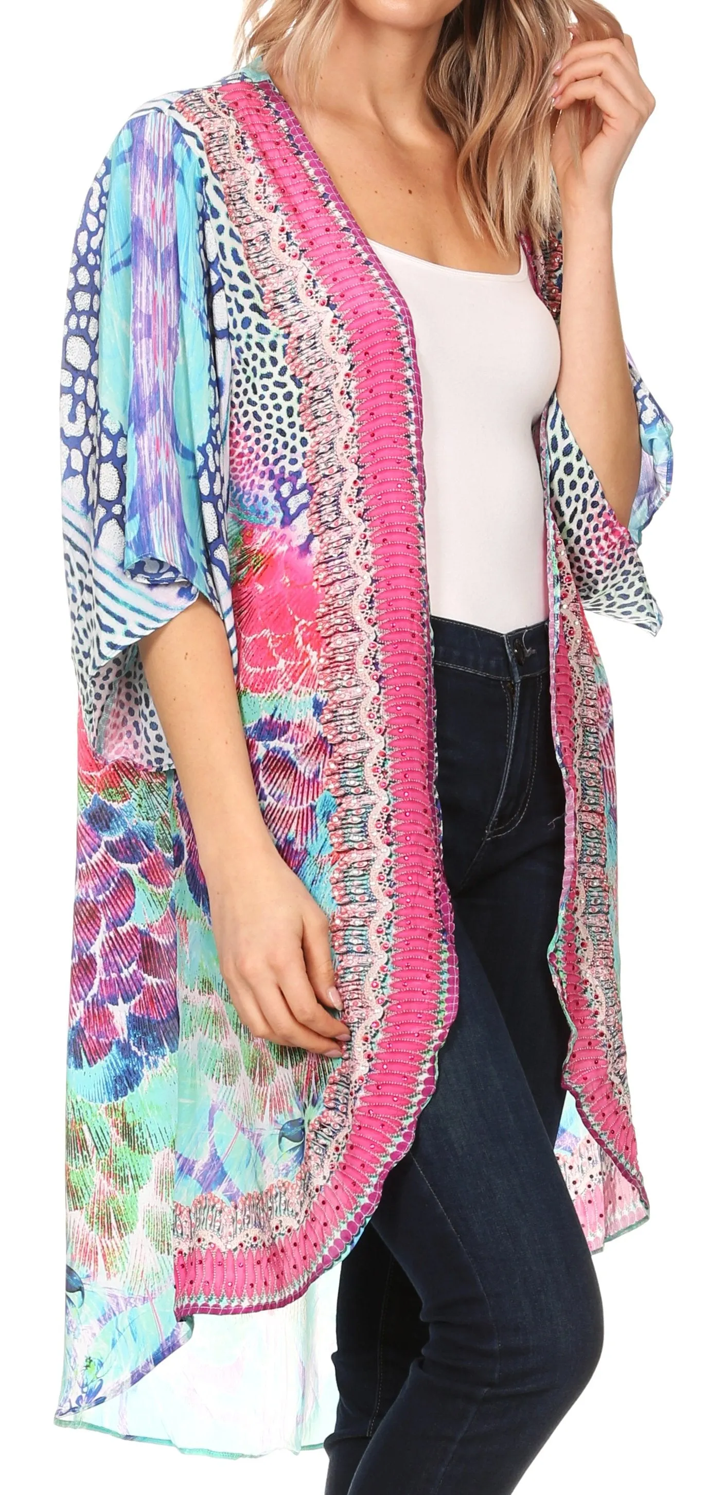 Sakkas Denora Women's Casual Draped Kimono Short Sleeve Boho Open Front Cardigan