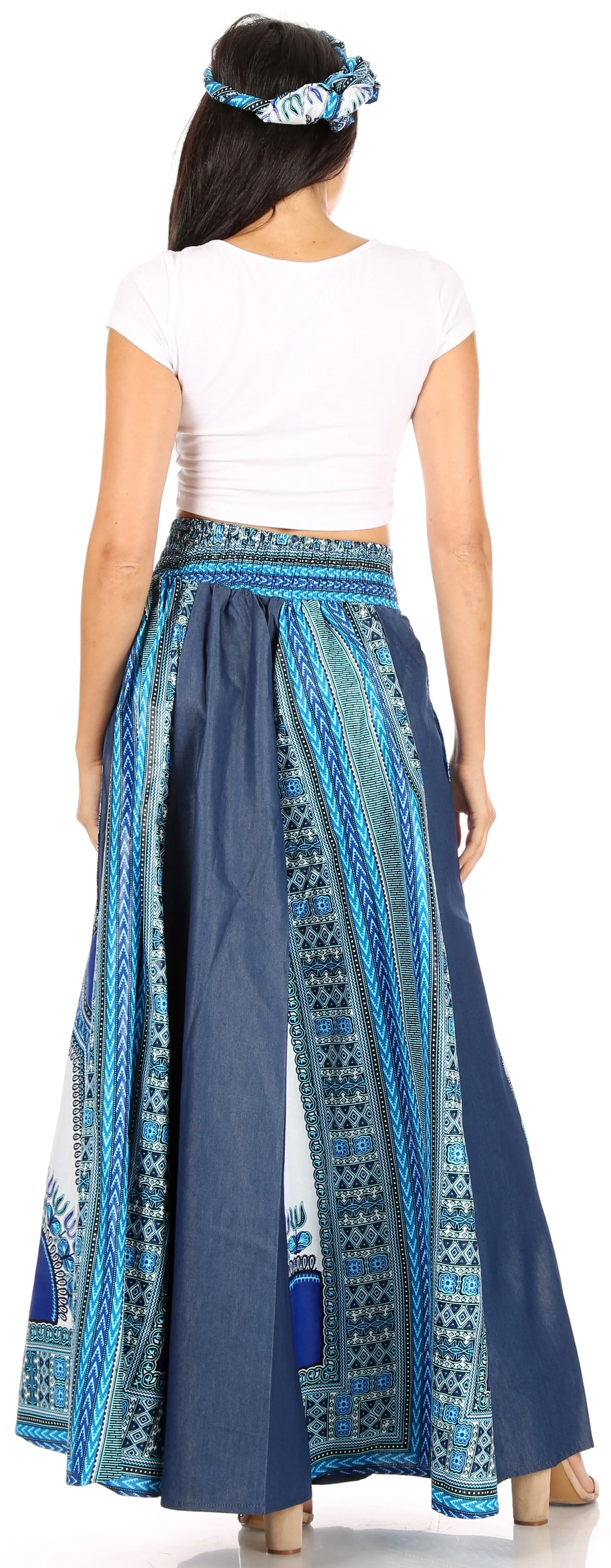 Sakkas Elif Women's Long Maxi African Ankara Print Skirt Elastic Waist & Pockets