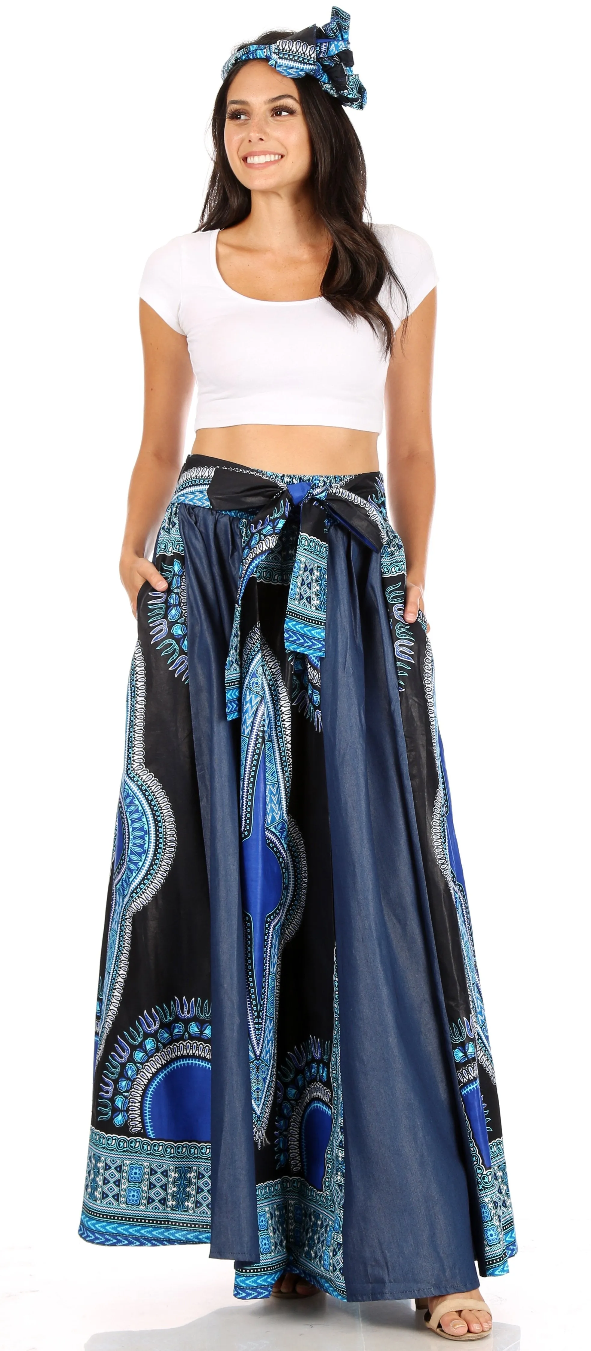 Sakkas Elif Women's Long Maxi African Ankara Print Skirt Elastic Waist & Pockets