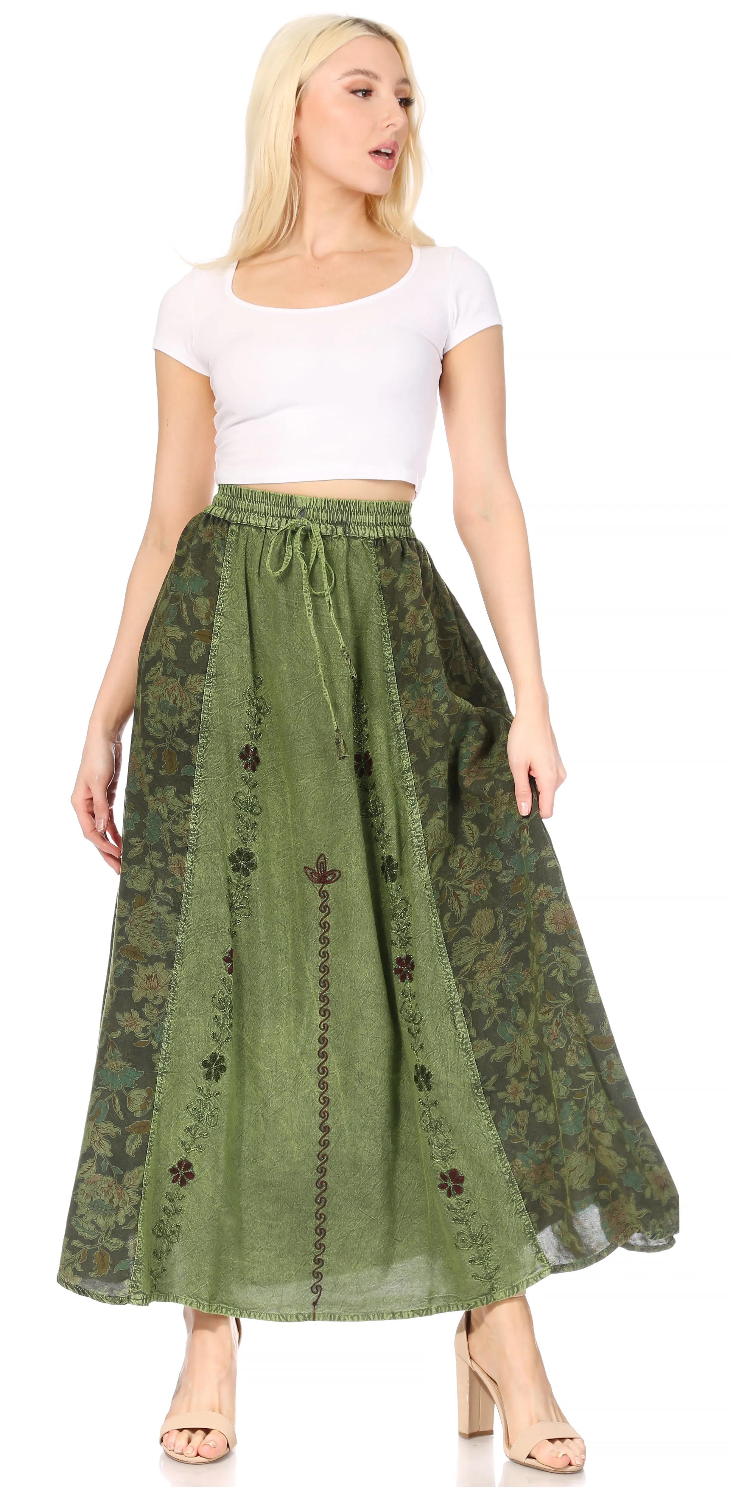 Sakkas Maran Women's Boho Embroidery Skirt with Lace Elastic Waist and Pockets