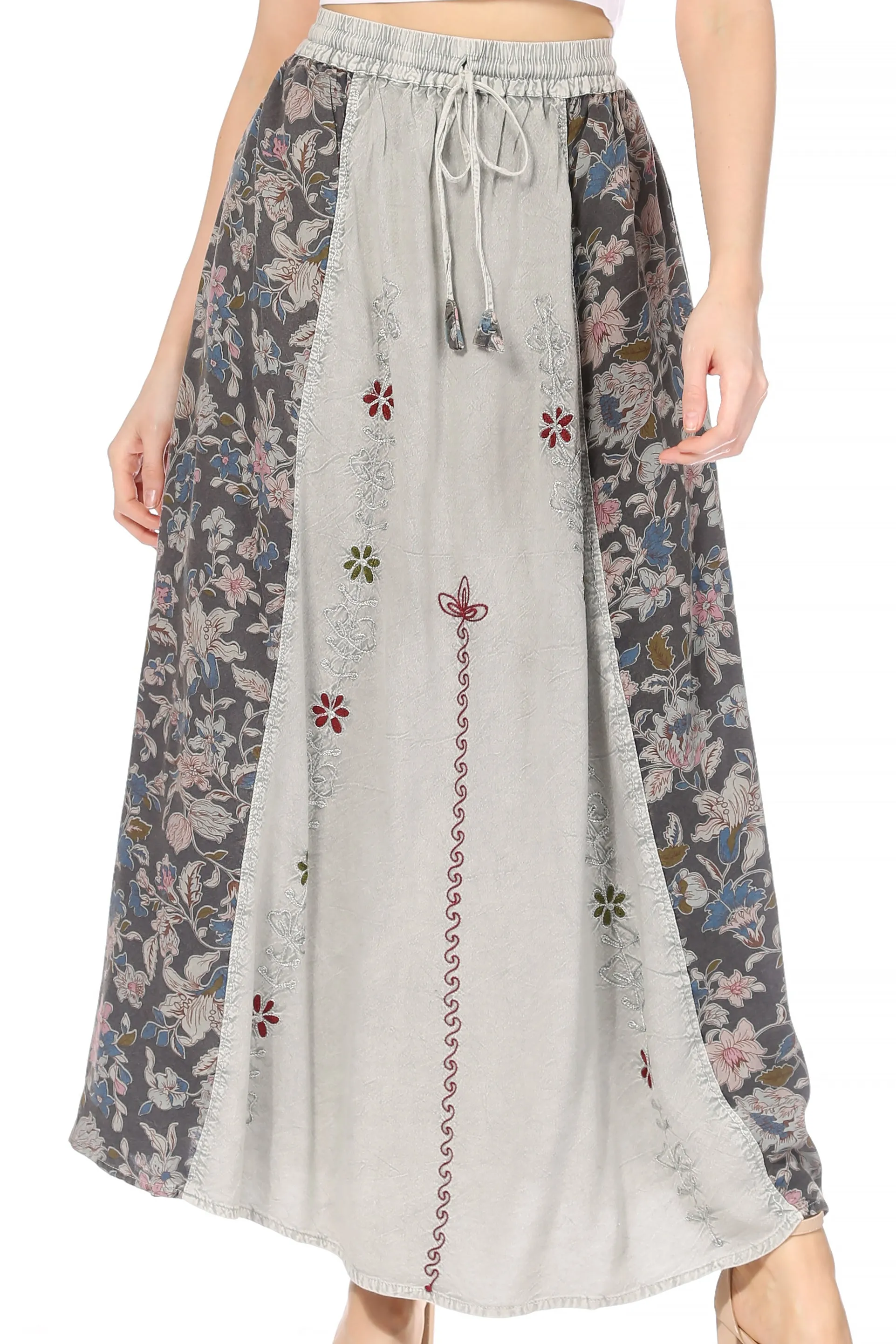 Sakkas Maran Women's Boho Embroidery Skirt with Lace Elastic Waist and Pockets