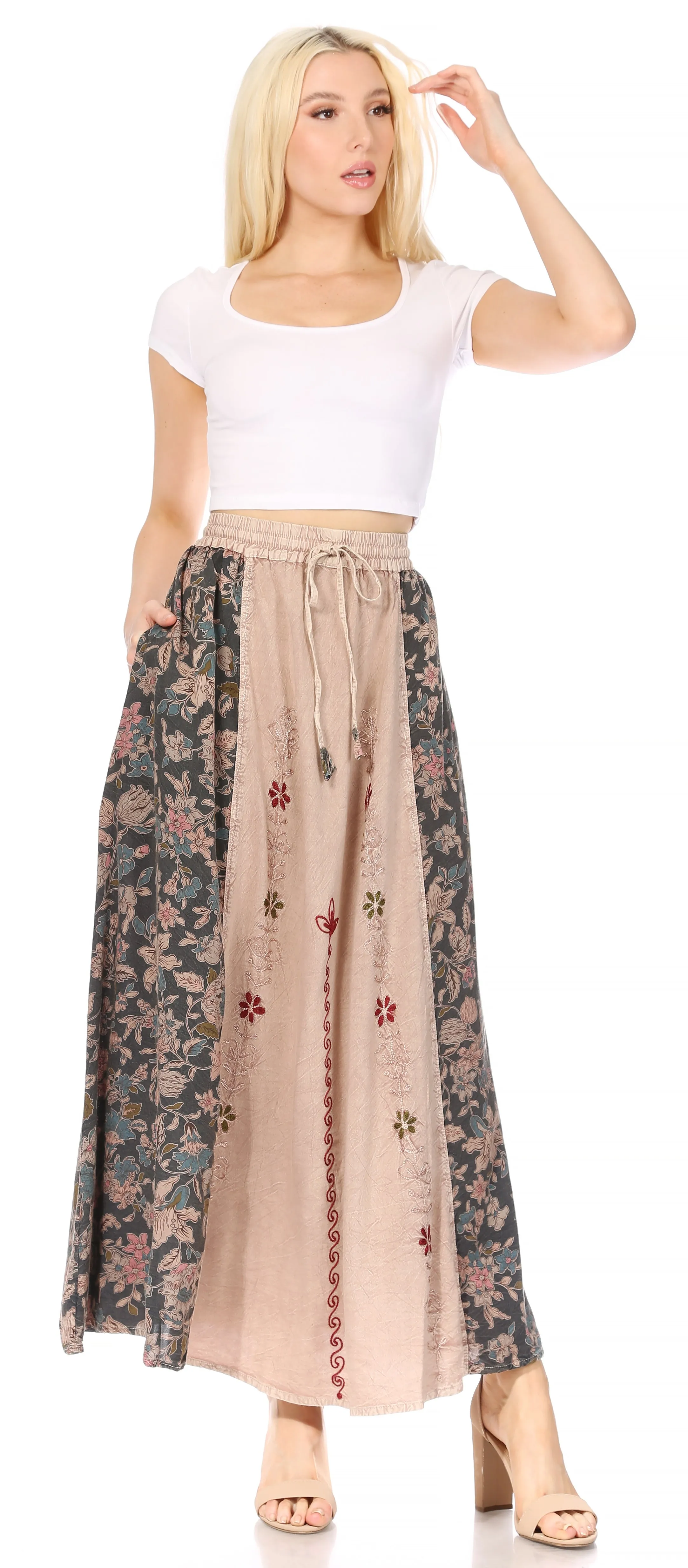 Sakkas Maran Women's Boho Embroidery Skirt with Lace Elastic Waist and Pockets