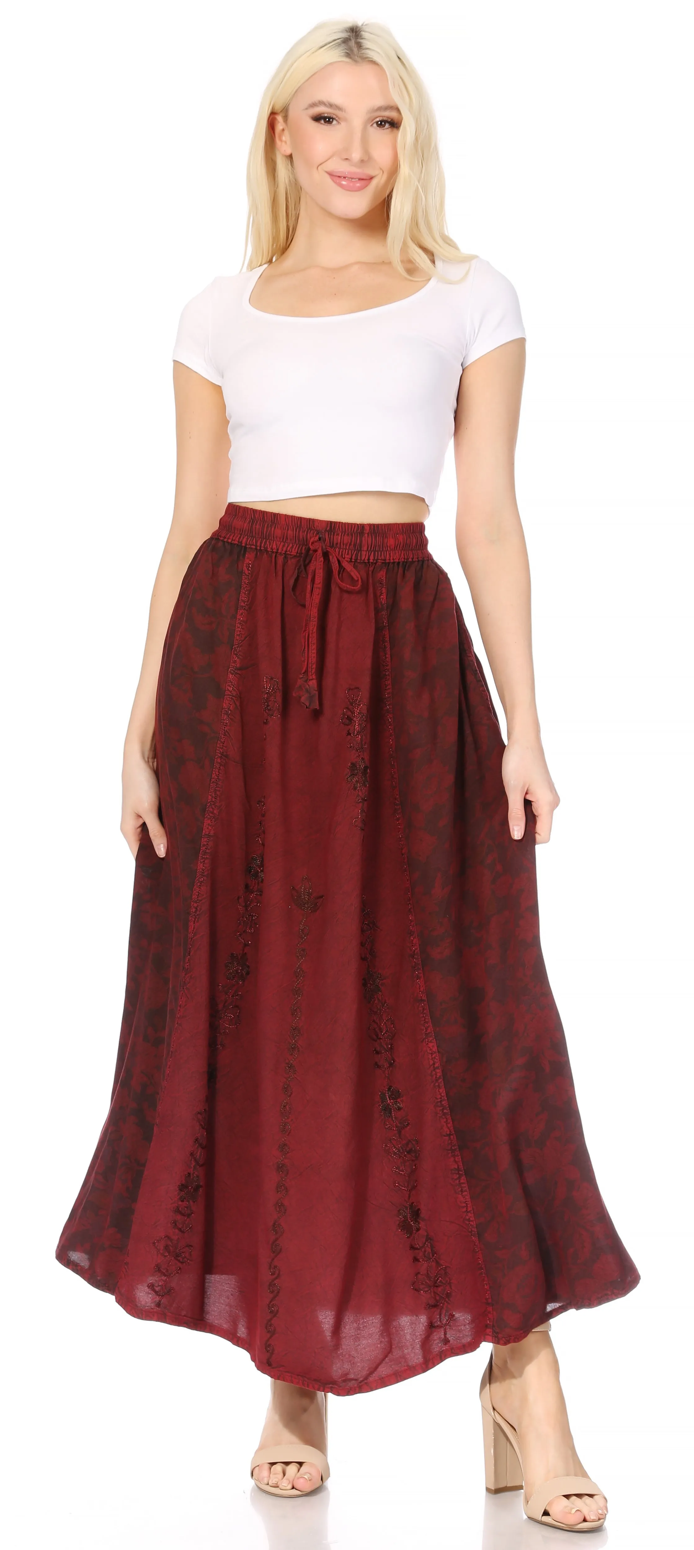 Sakkas Maran Women's Boho Embroidery Skirt with Lace Elastic Waist and Pockets